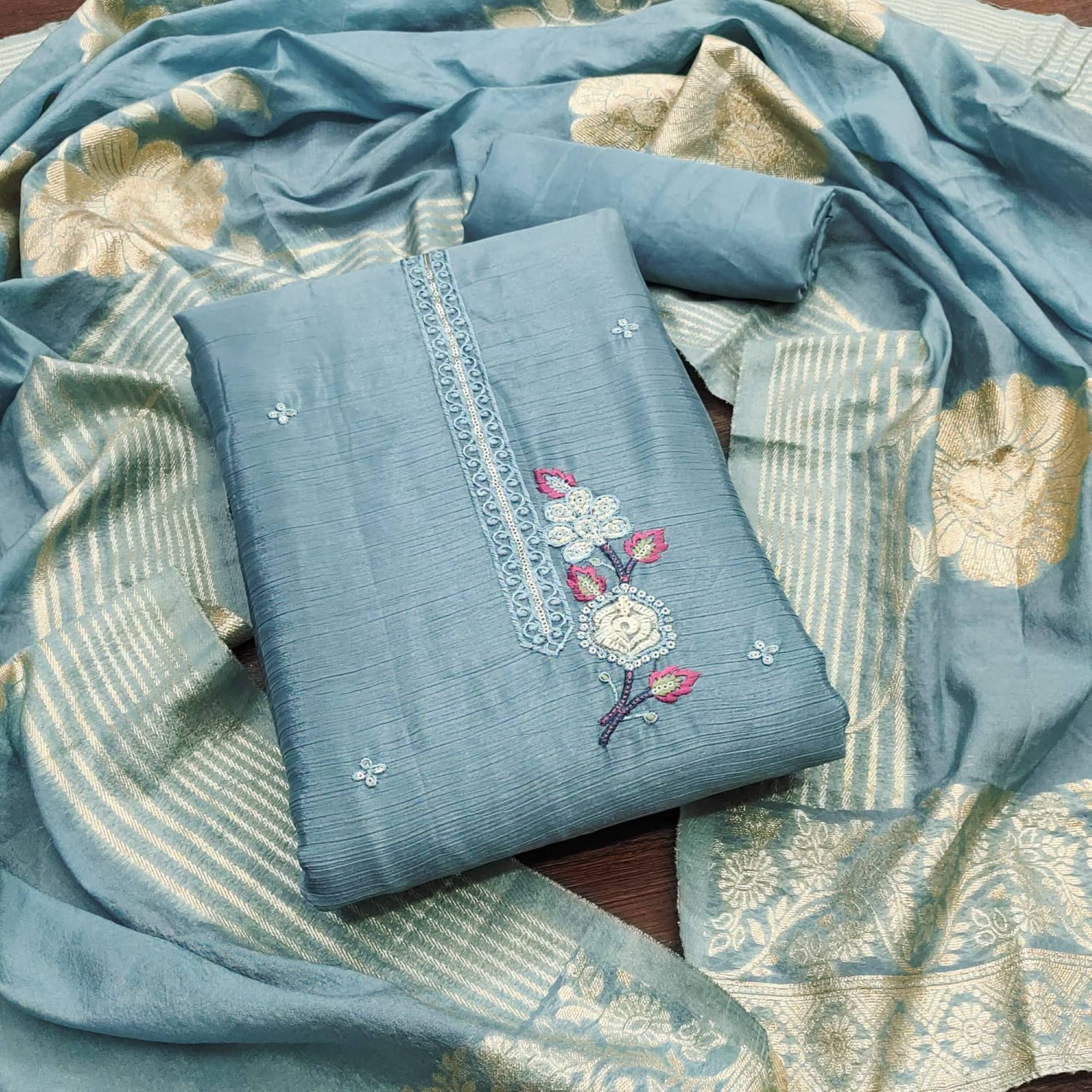 Rangtulika Ethnics Unstitched Blended Printed Dress Material - Blue ( Pack of 1 ) Rangtulika Ethnics Unstitched Blended Printed Dress Material - Blue ( Pack of 1 )