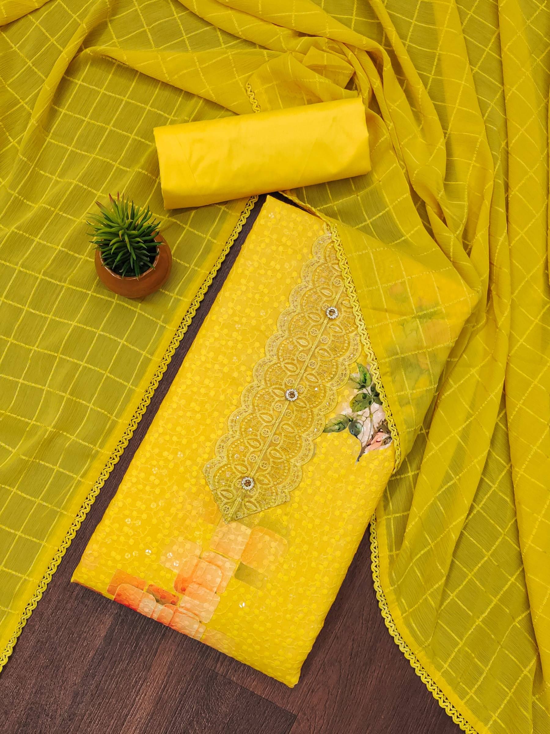 Rangtulika Ethnics Unstitched Cotton Applique Dress Material - Yellow ( Pack of 1 ) Rangtulika Ethnics Unstitched Cotton Applique Dress Material - Yellow ( Pack of 1 )