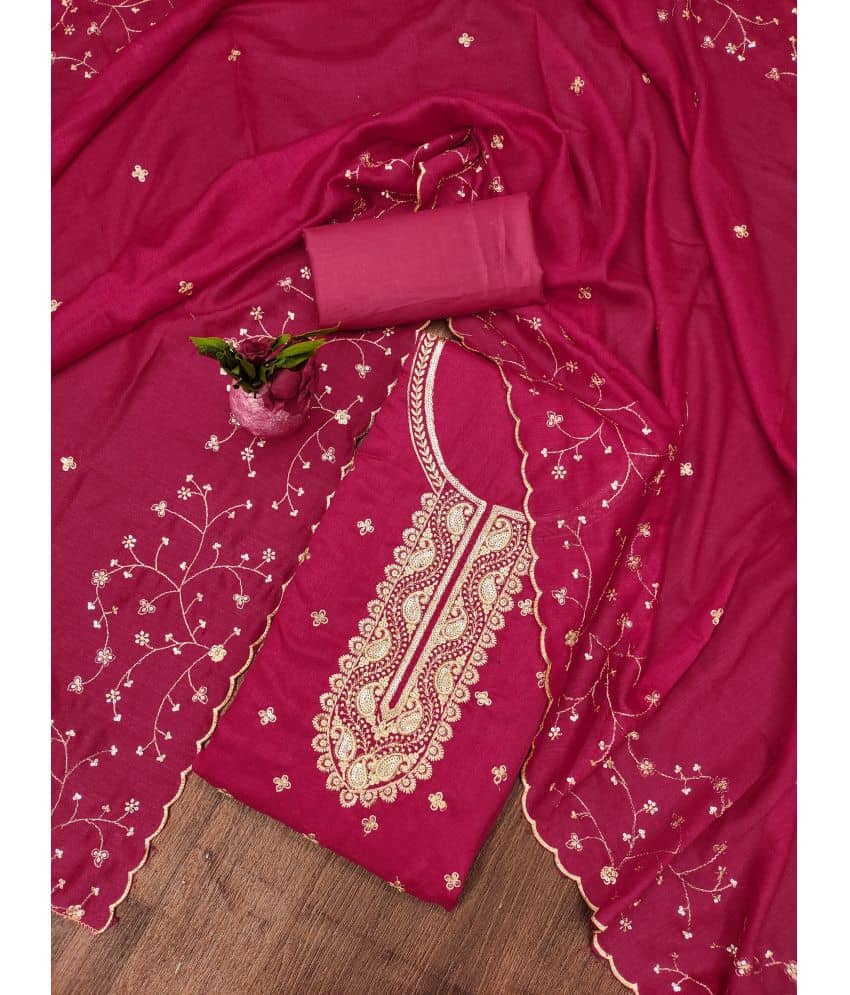 Rangtulika Ethnics Unstitched Cotton Blend Embroidered Dress Material - Pink ( Pack of 1 ) - Unstitched Fabrics | Buy online on ZillyBuy