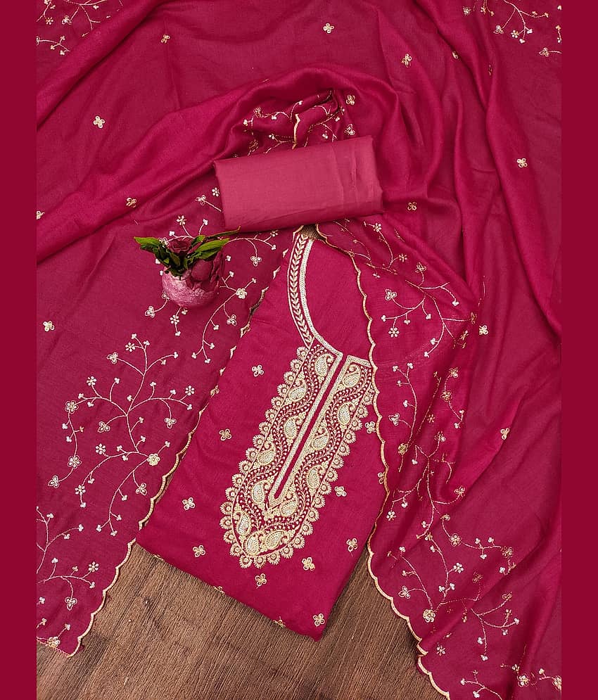Rangtulika Ethnics Unstitched Cotton Blend Embroidered Dress Material - Pink ( Pack of 1 ) - Unstitched Fabrics | Buy online on ZillyBuy