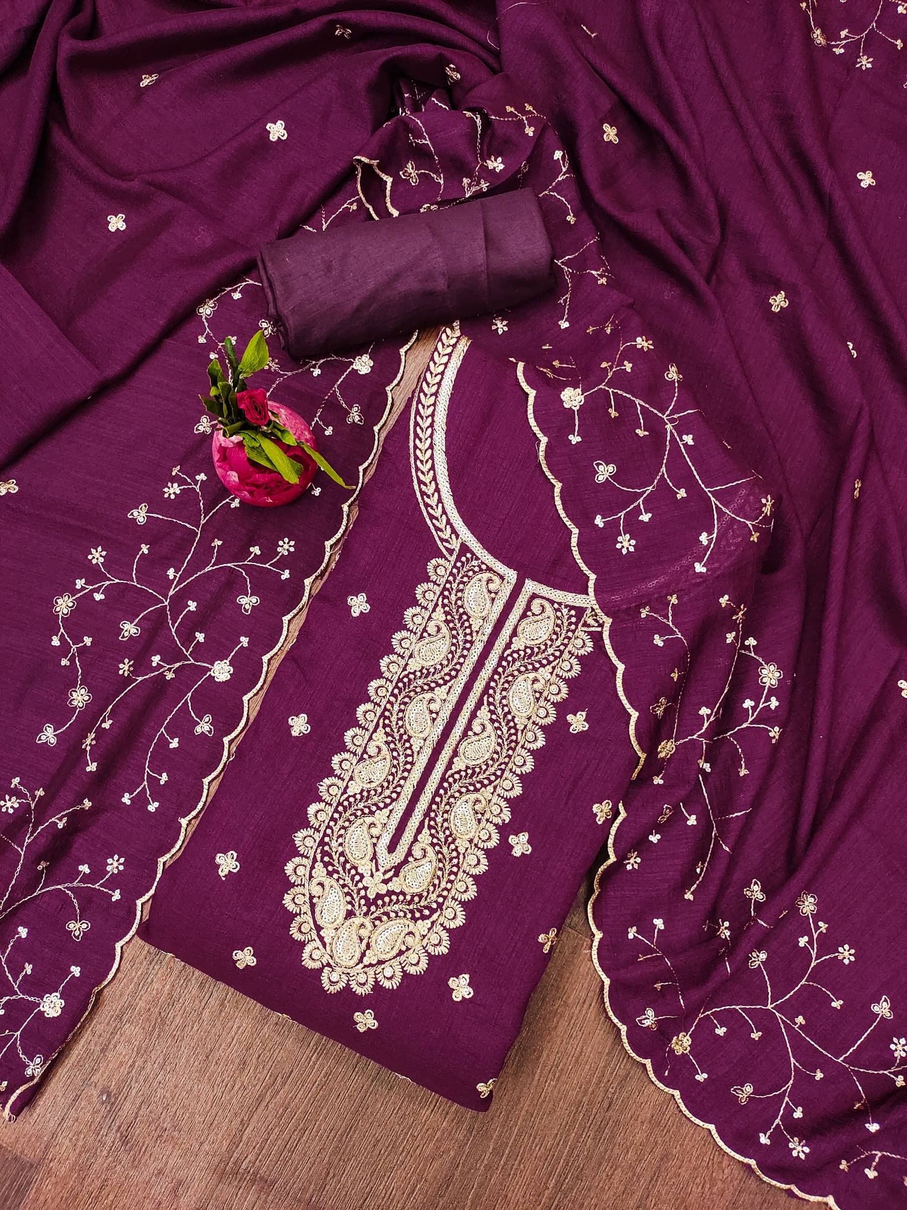 Rangtulika Ethnics Unstitched Cotton Blend Embroidered Dress Material - Purple ( Pack of 1 )     			Rangtulika Ethnics Unstitched Cotton Blend Embroidered Dress Material - Purple ( Pack of 1 )