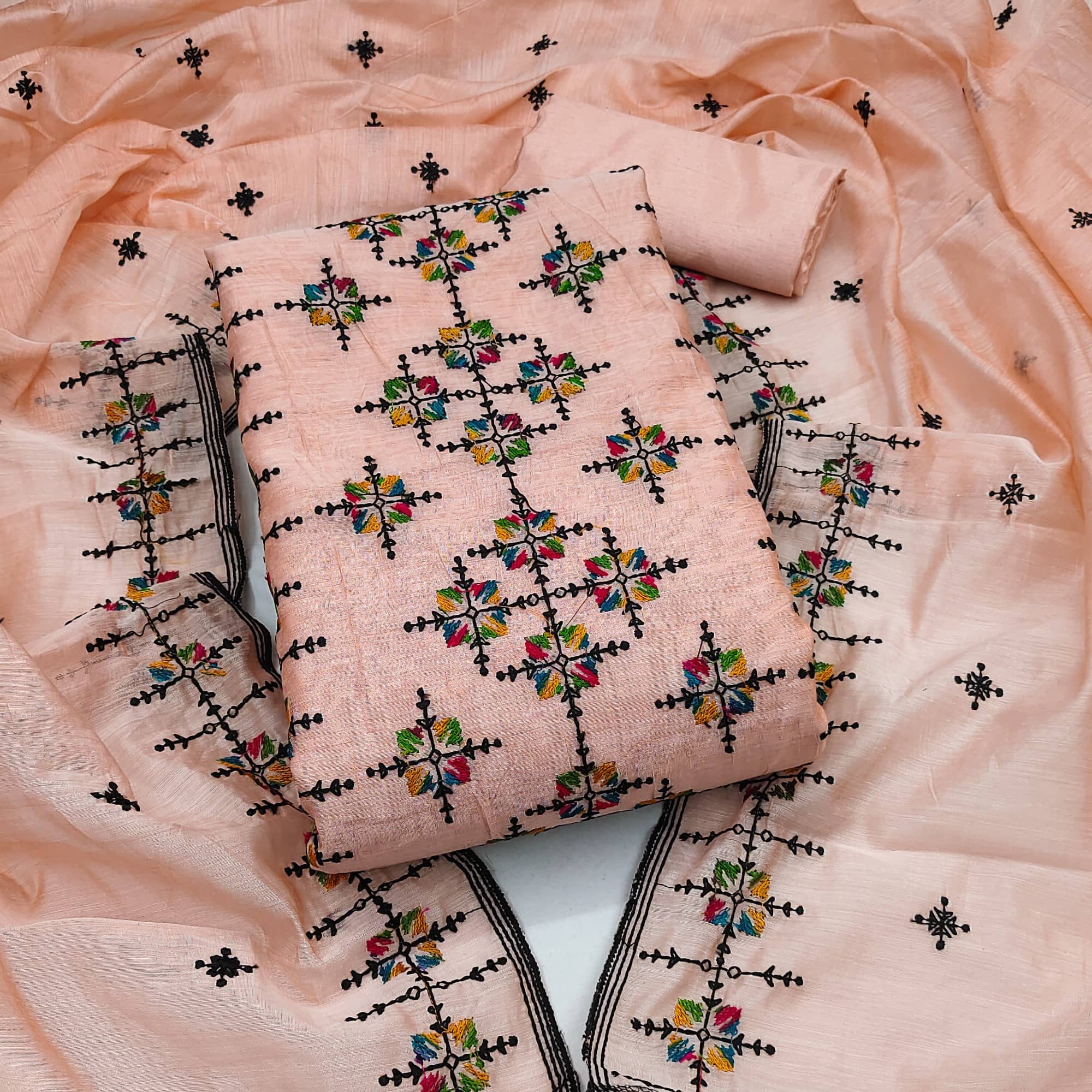 Rangtulika Ethnics Unstitched Cotton Blend Embroidered Dress Material - Peach ( Pack of 1 ) - Unstitched Fabrics | Buy online on ZillyBuy