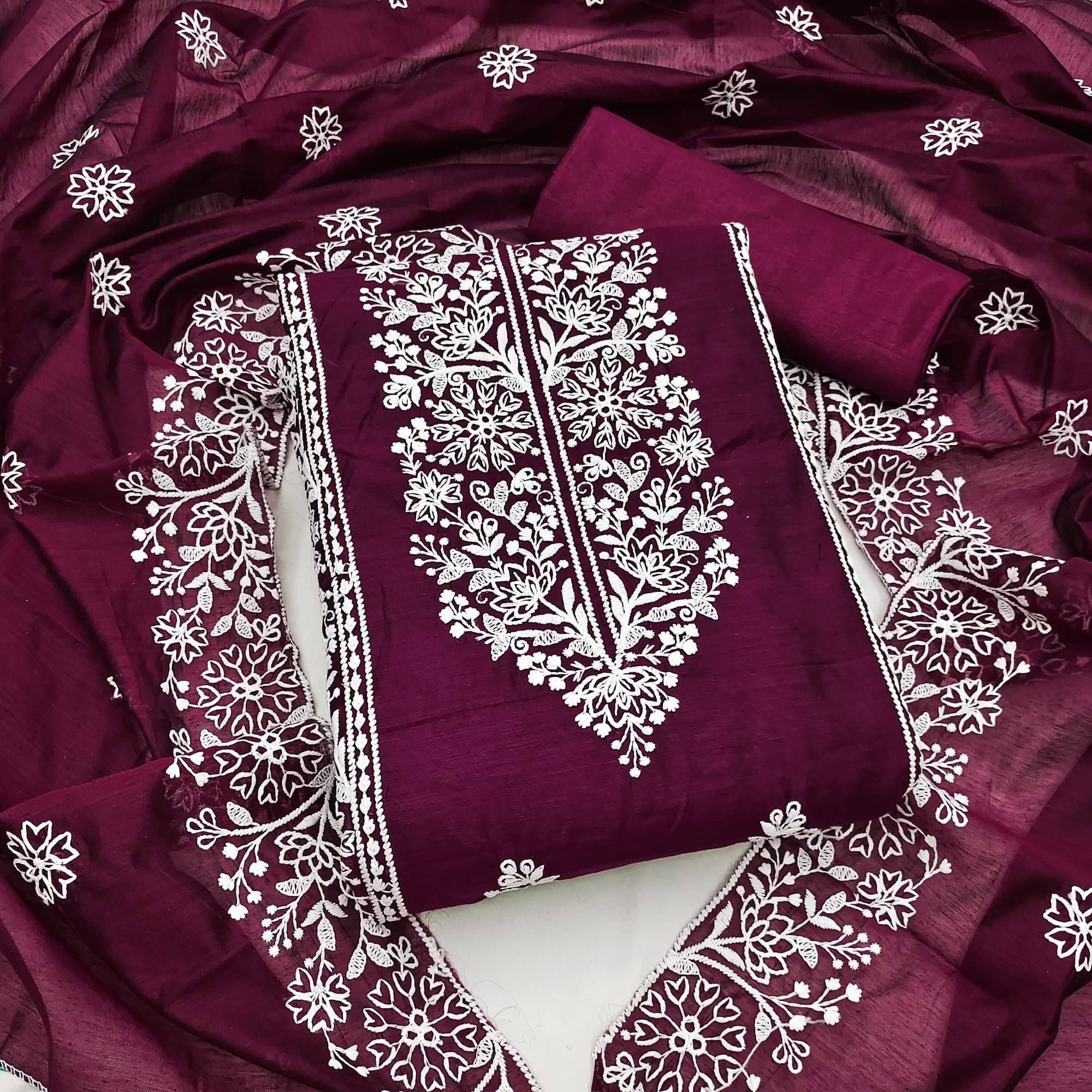 Rangtulika Ethnics Unstitched Cotton Blend Embroidered Dress Material - Purple ( Pack of 1 )     			Rangtulika Ethnics Unstitched Cotton Blend Embroidered Dress Material - Purple ( Pack of 1 )