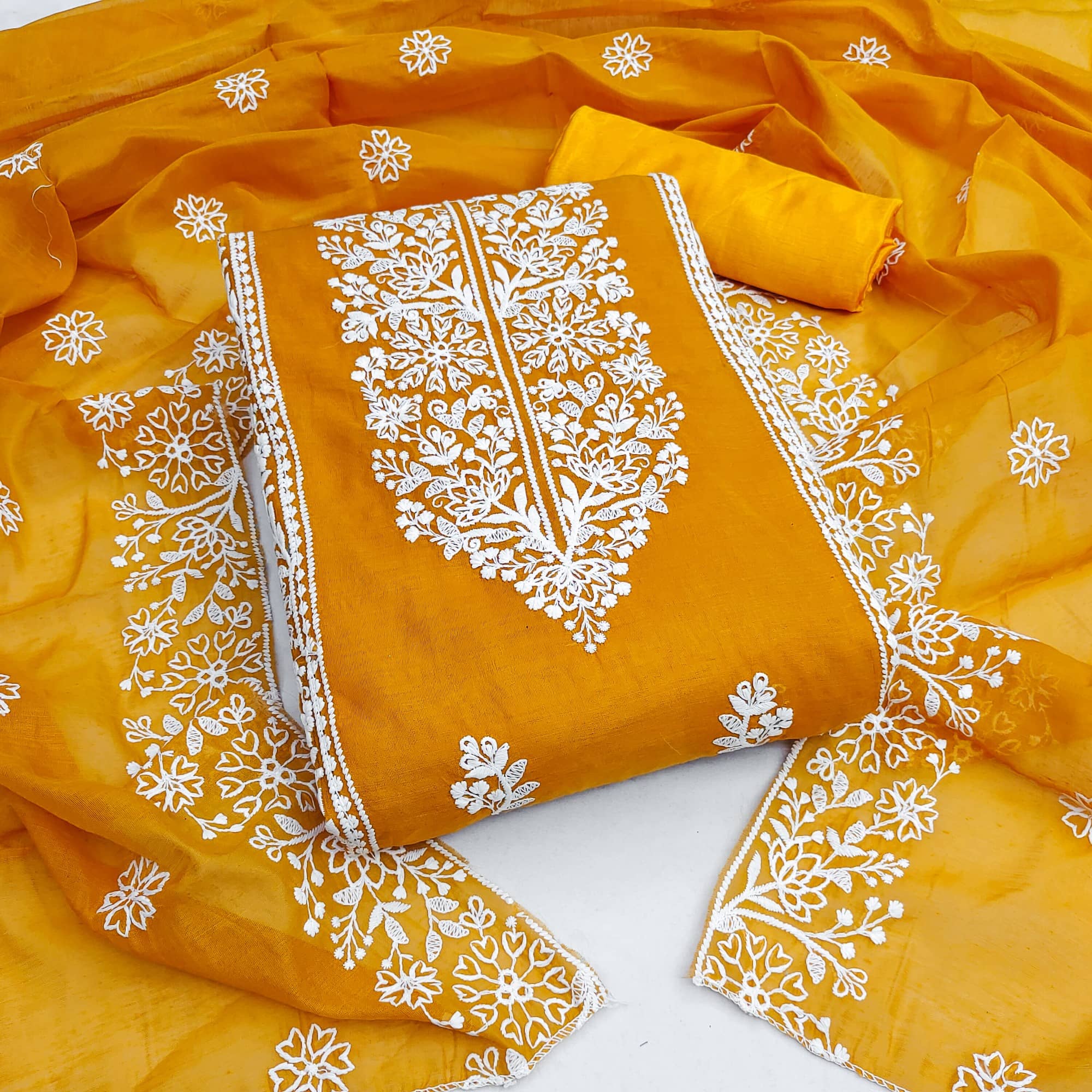 Rangtulika Ethnics Unstitched Cotton Blend Embroidered Dress Material - Yellow ( Pack of 1 ) - Unstitched Fabrics | Buy online on ZillyBuy