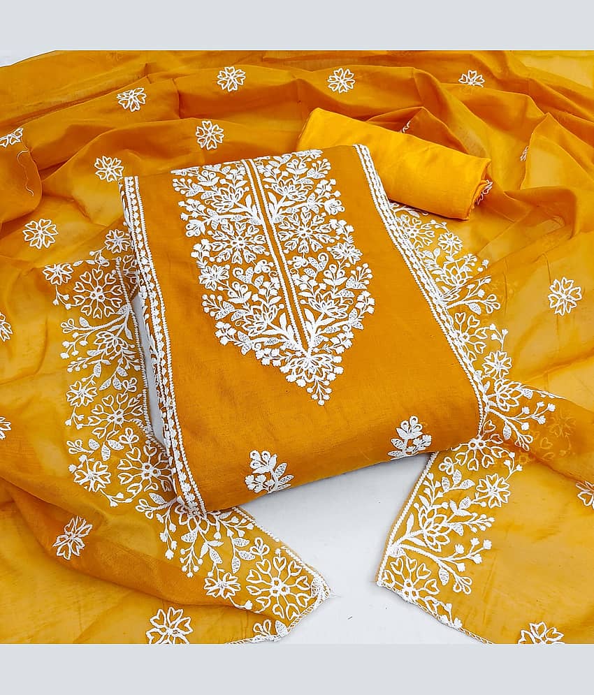 Rangtulika Ethnics Unstitched Cotton Blend Embroidered Dress Material - Yellow ( Pack of 1 ) - Unstitched Fabrics | Buy online on ZillyBuy