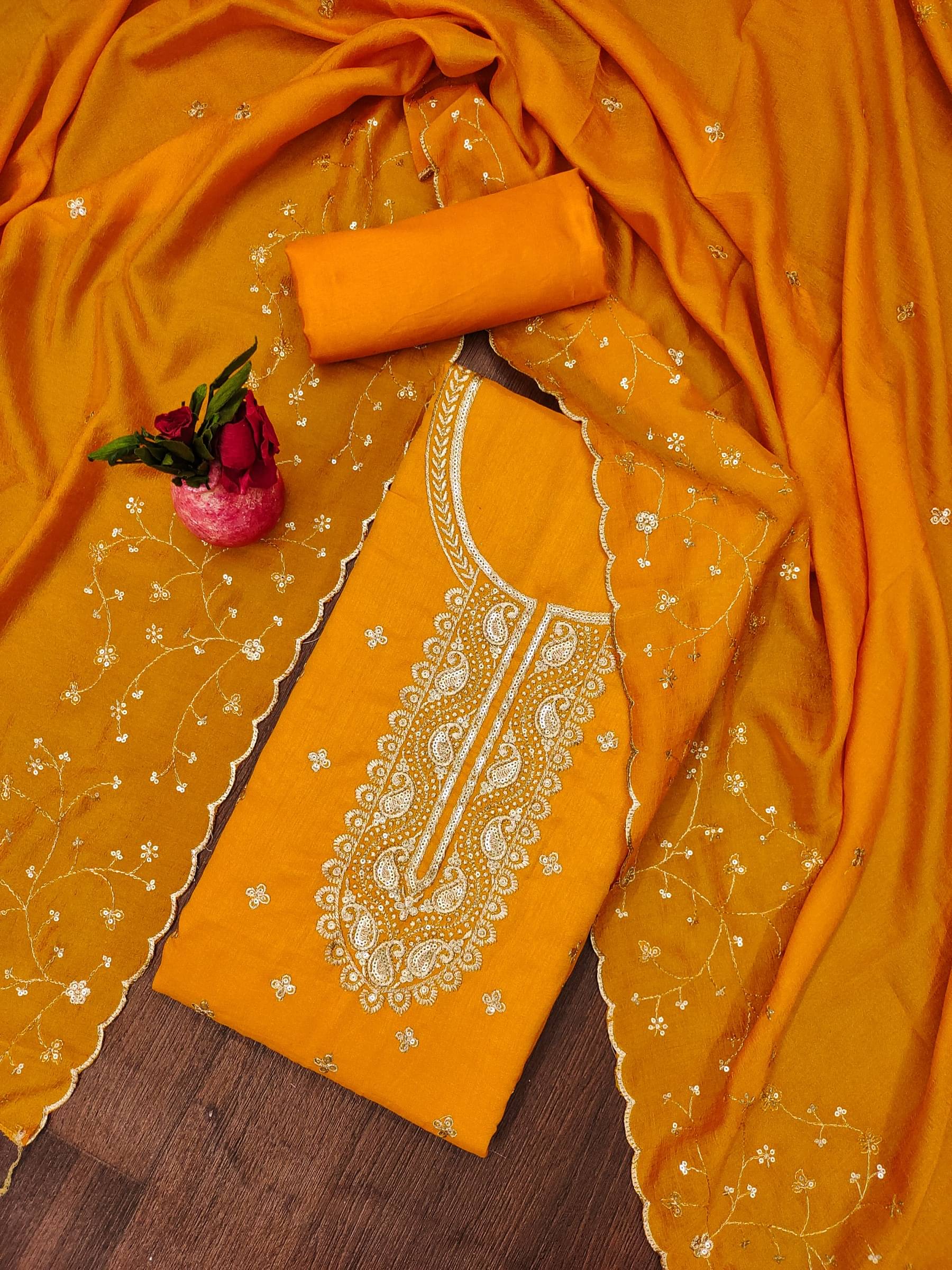 Rangtulika Ethnics Unstitched Cotton Blend Embroidered Dress Material - Yellow ( Pack of 1 ) Rangtulika Ethnics Unstitched Cotton Blend Embroidered Dress Material - Yellow ( Pack of 1 )