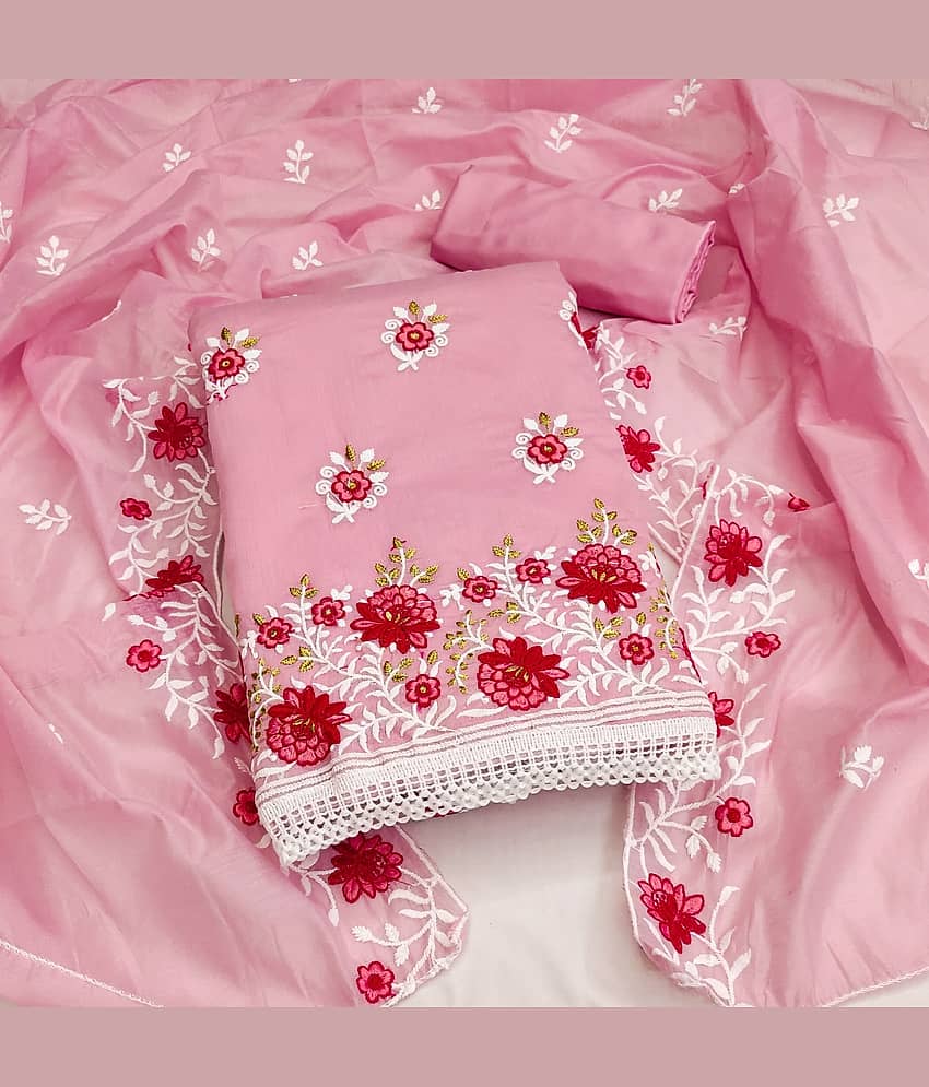 Rangtulika Ethnics Unstitched Cotton Blend Applique Dress Material - Pink ( Pack of 1 ) - Unstitched Fabrics | Buy online on ZillyBuy