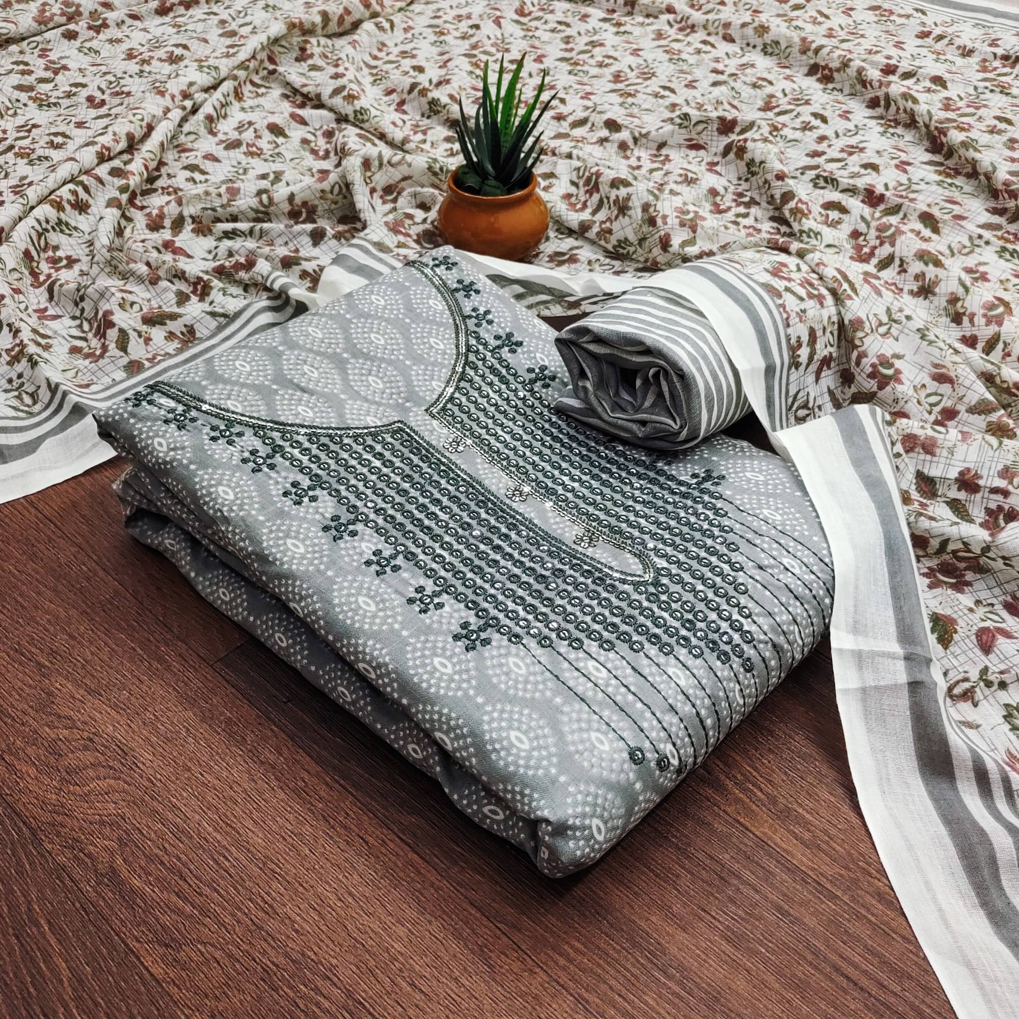 Rangtulika Ethnics Unstitched Cotton Blend Embroidered Dress Material - Grey ( Pack of 1 ) Rangtulika Ethnics Unstitched Cotton Blend Embroidered Dress Material - Grey ( Pack of 1 )