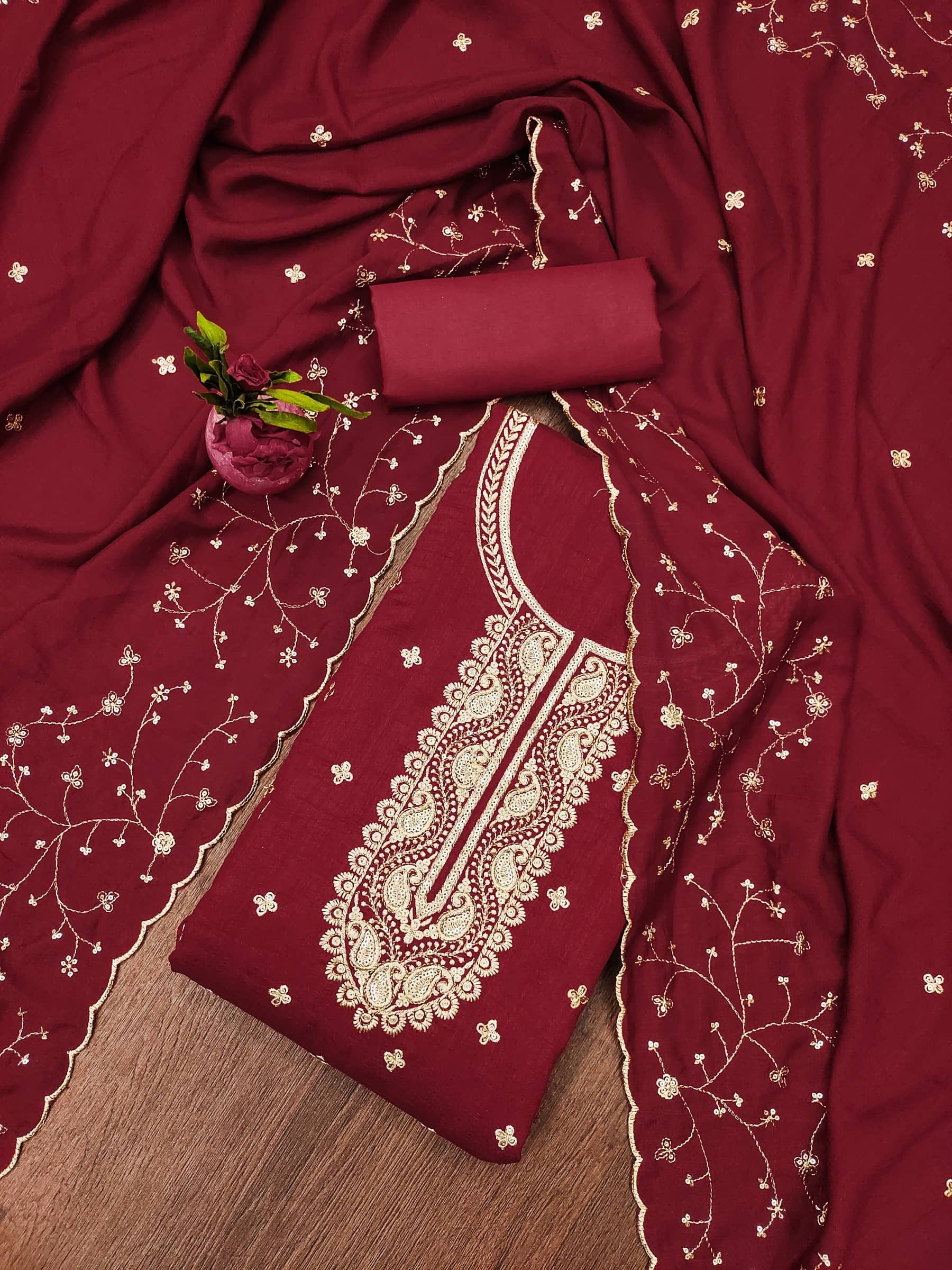 Rangtulika Ethnics Unstitched Cotton Blend Embroidered Dress Material - Maroon ( Pack of 1 ) - Unstitched Fabrics | Buy online on ZillyBuy