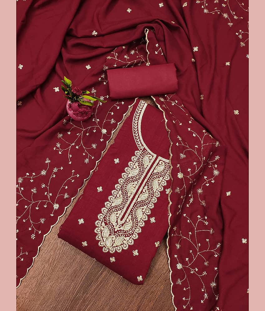 Rangtulika Ethnics Unstitched Cotton Blend Embroidered Dress Material - Maroon ( Pack of 1 ) - Unstitched Fabrics | Buy online on ZillyBuy