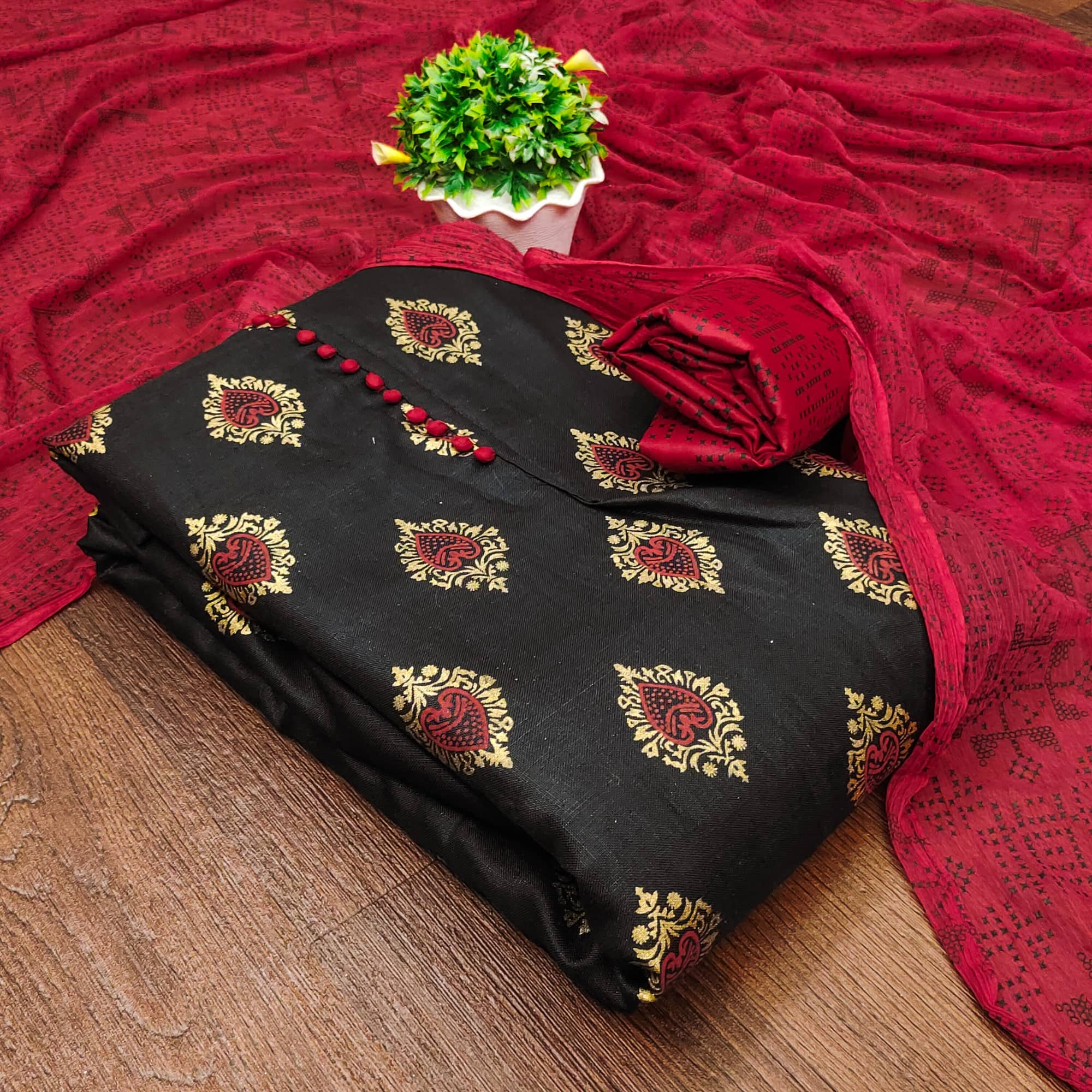 Rangtulika Ethnics Unstitched Cotton Blend Embroidered Dress Material - Red ( Pack of 1 ) - Unstitched Fabrics | Buy online on ZillyBuy
