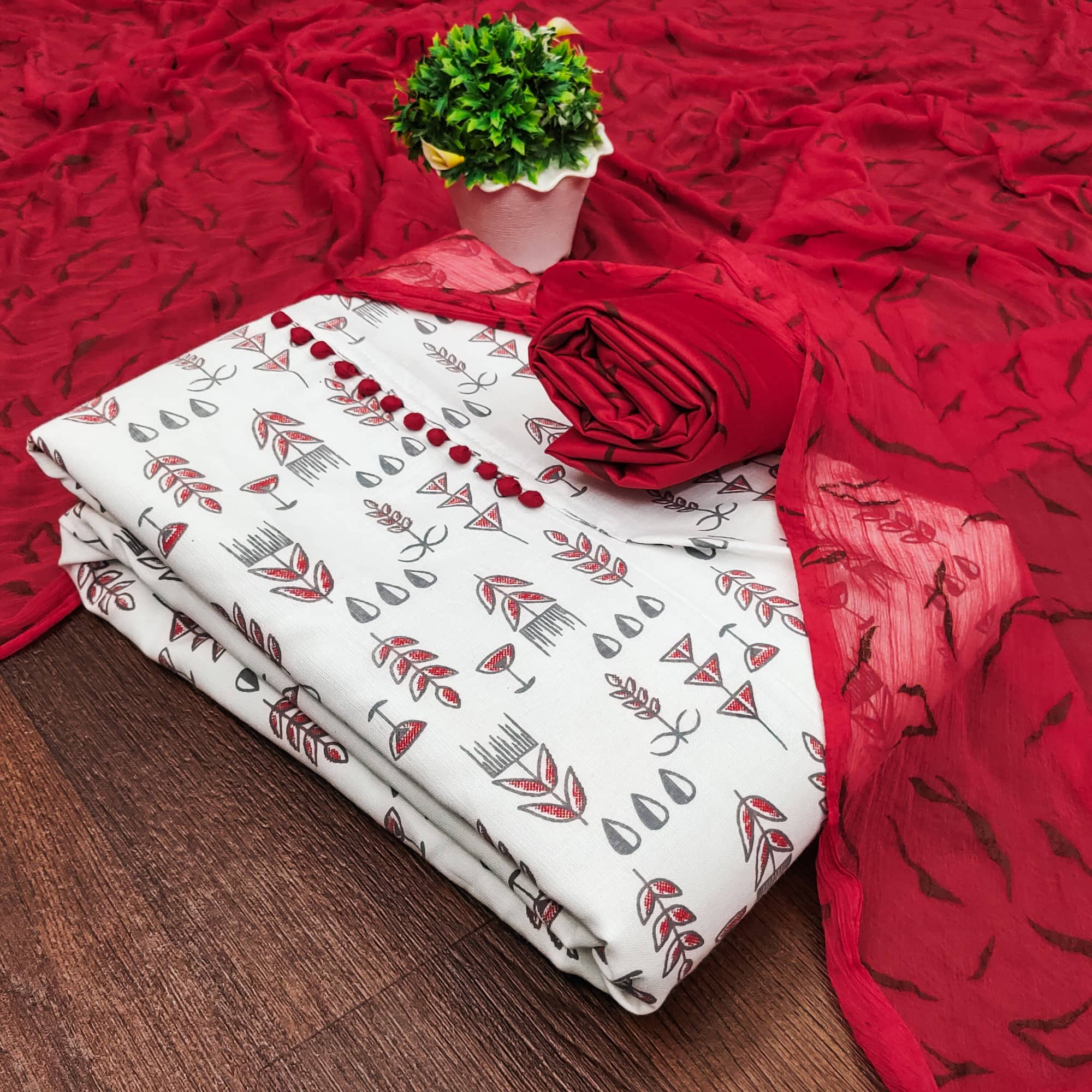 Rangtulika Ethnics Unstitched Cotton Blend Embroidered Dress Material - Red ( Pack of 1 ) - Unstitched Fabrics | Buy online on ZillyBuy