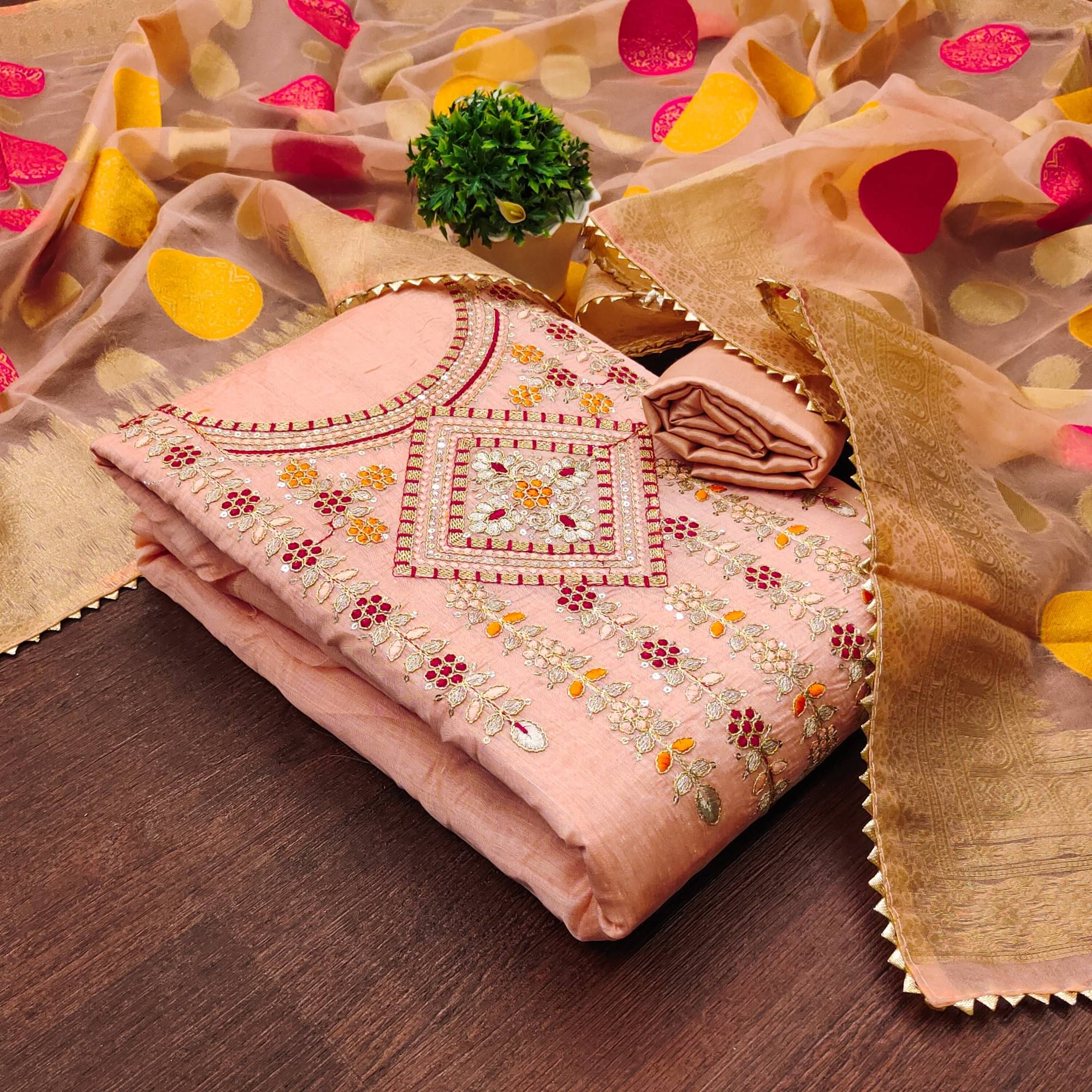 Rangtulika Ethnics Unstitched Cotton Blend Embroidered Dress Material - Peach ( Pack of 1 ) Rangtulika Ethnics Unstitched Cotton Blend Embroidered Dress Material - Peach ( Pack of 1 )