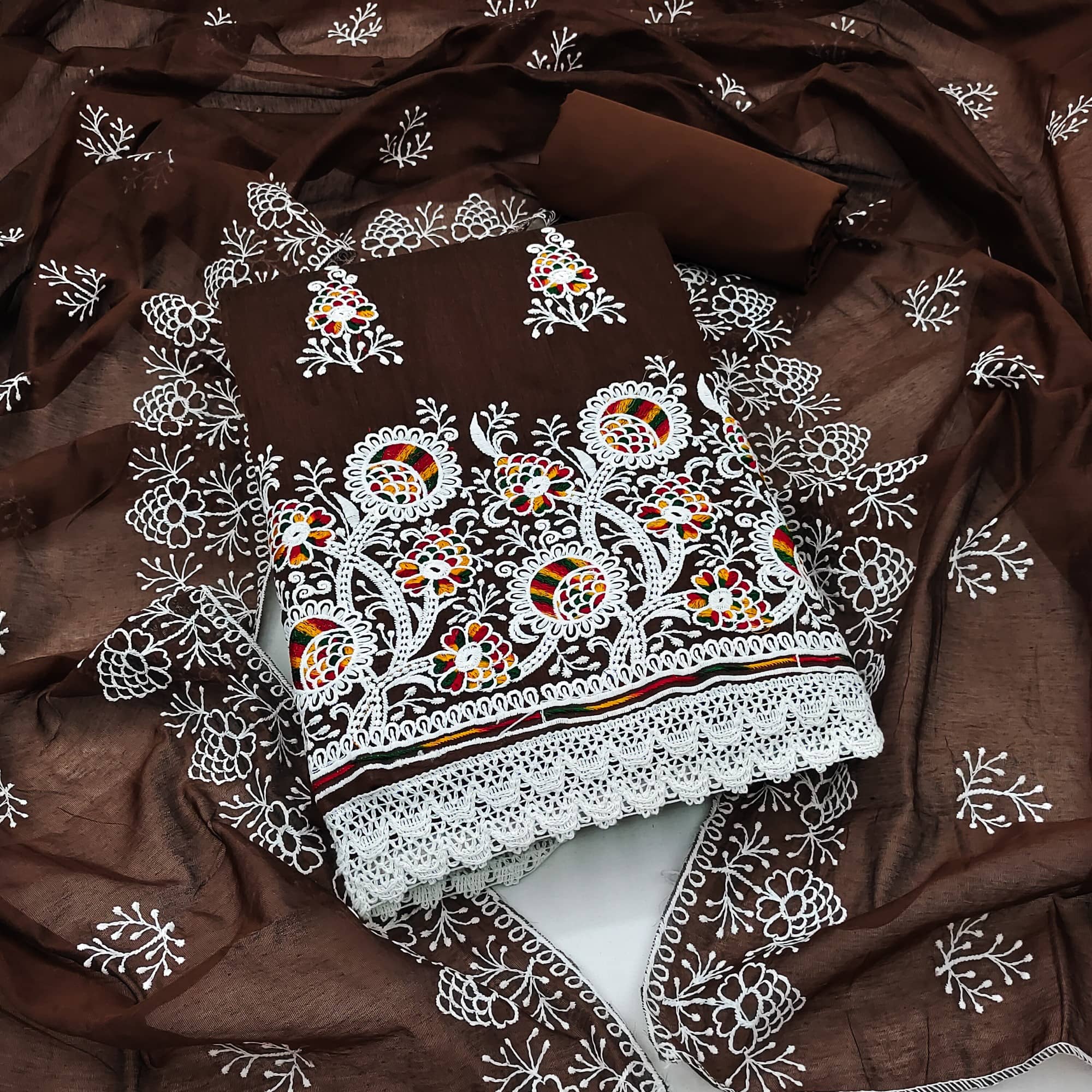 Rangtulika Ethnics Unstitched Cotton Blend Applique Dress Material - Brown ( Pack of 1 ) - Unstitched Fabrics | Buy online on ZillyBuy