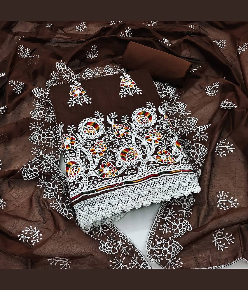 Rangtulika Ethnics Unstitched Cotton Blend Applique Dress Material - Brown ( Pack of 1 ) - Unstitched Fabrics | Buy online on ZillyBuy