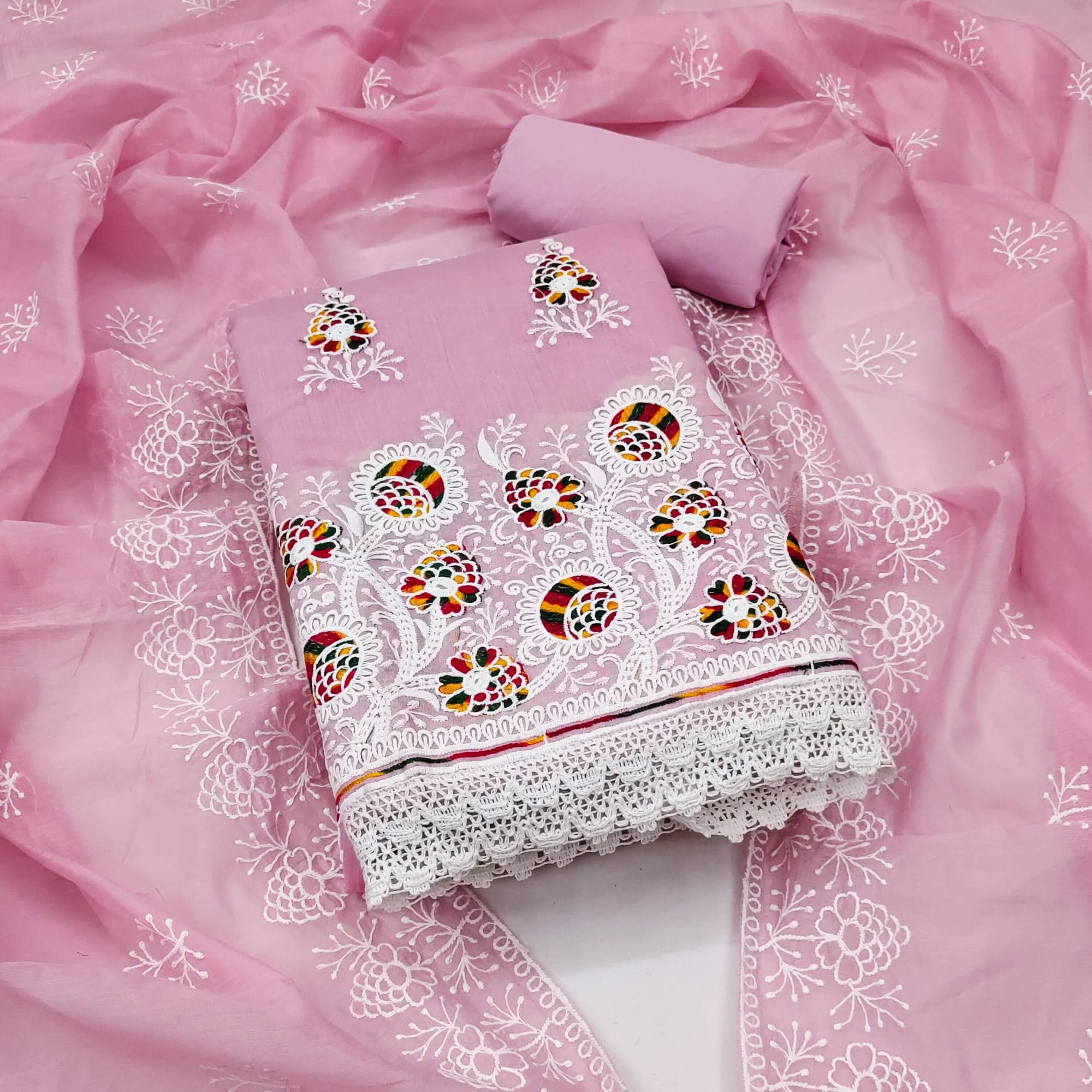 Rangtulika Ethnics Unstitched Cotton Blend Applique Dress Material - Pink ( Pack of 1 )     			Rangtulika Ethnics Unstitched Cotton Blend Applique Dress Material - Pink ( Pack of 1 )