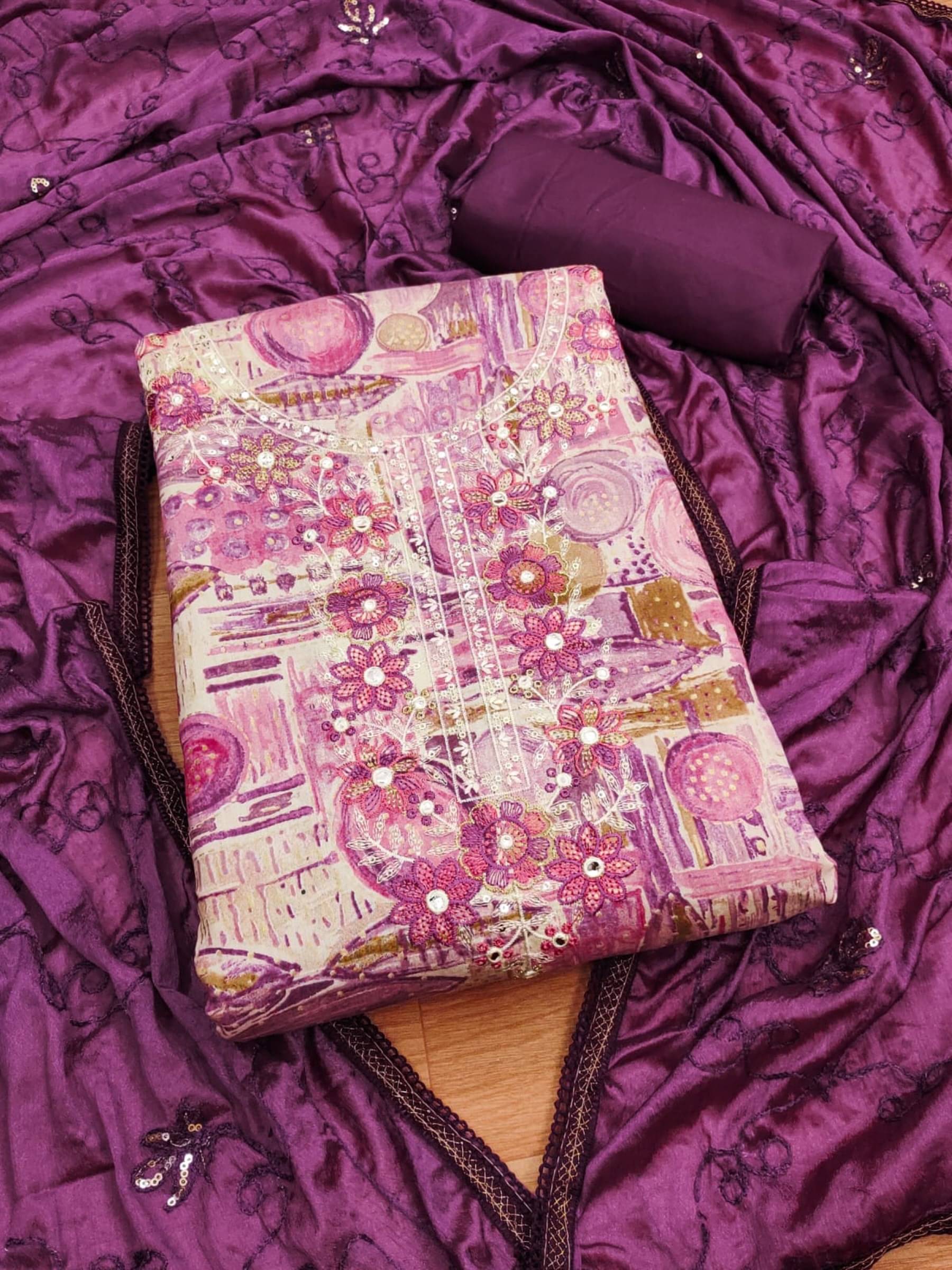     			Rangtulika Ethnics Unstitched Cotton Blend Printed Dress Material - Purple ( Pack of 1 )