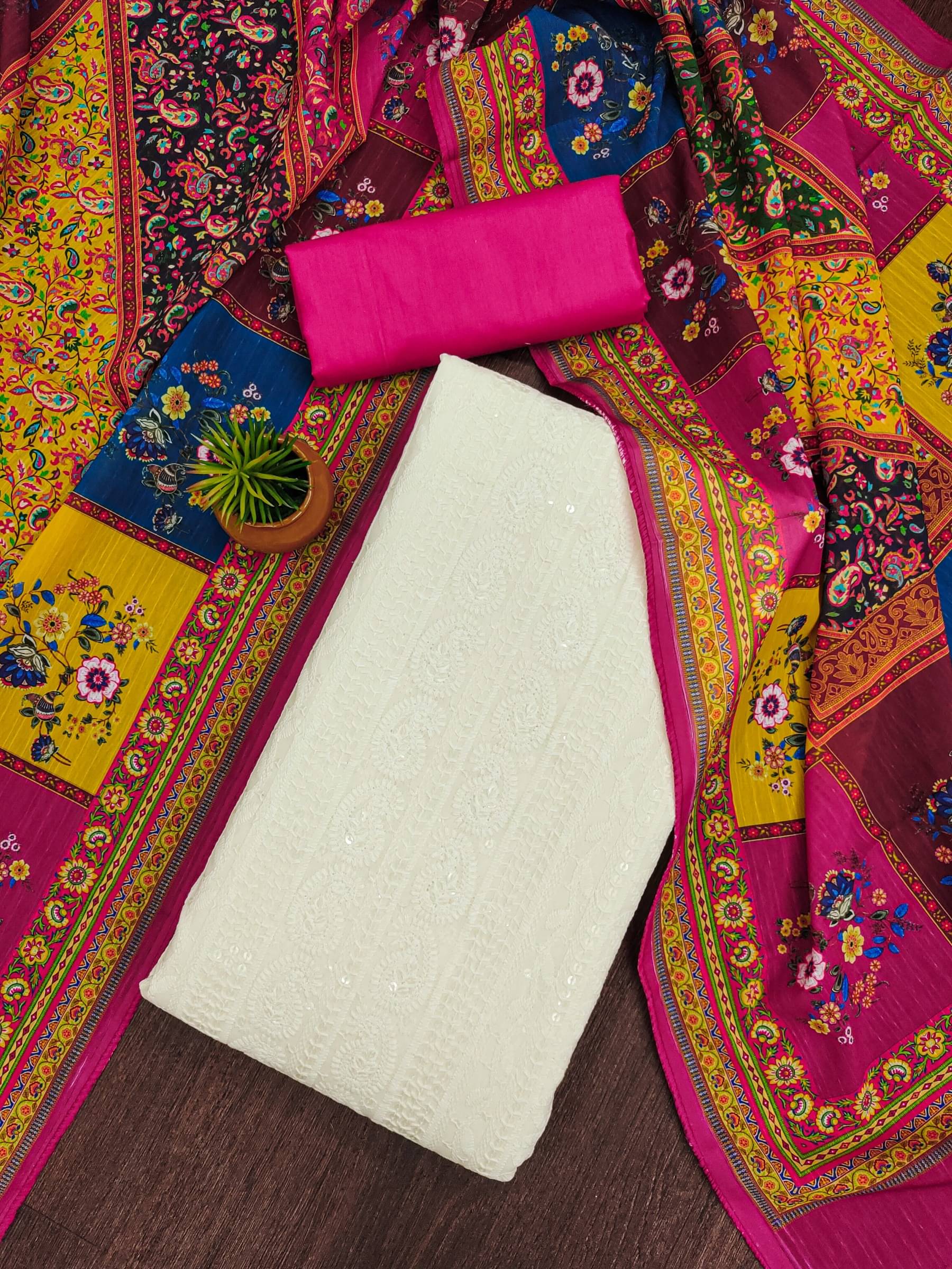     			Rangtulika Ethnics Unstitched Cotton Embellished Dress Material - White ( Pack of 1 )