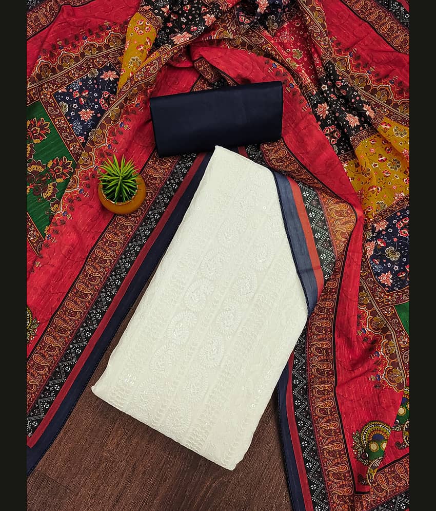 Rangtulika Ethnics Unstitched Cotton Embellished Dress Material - White ( Pack of 1 ) - Unstitched Fabrics | Buy online on ZillyBuy