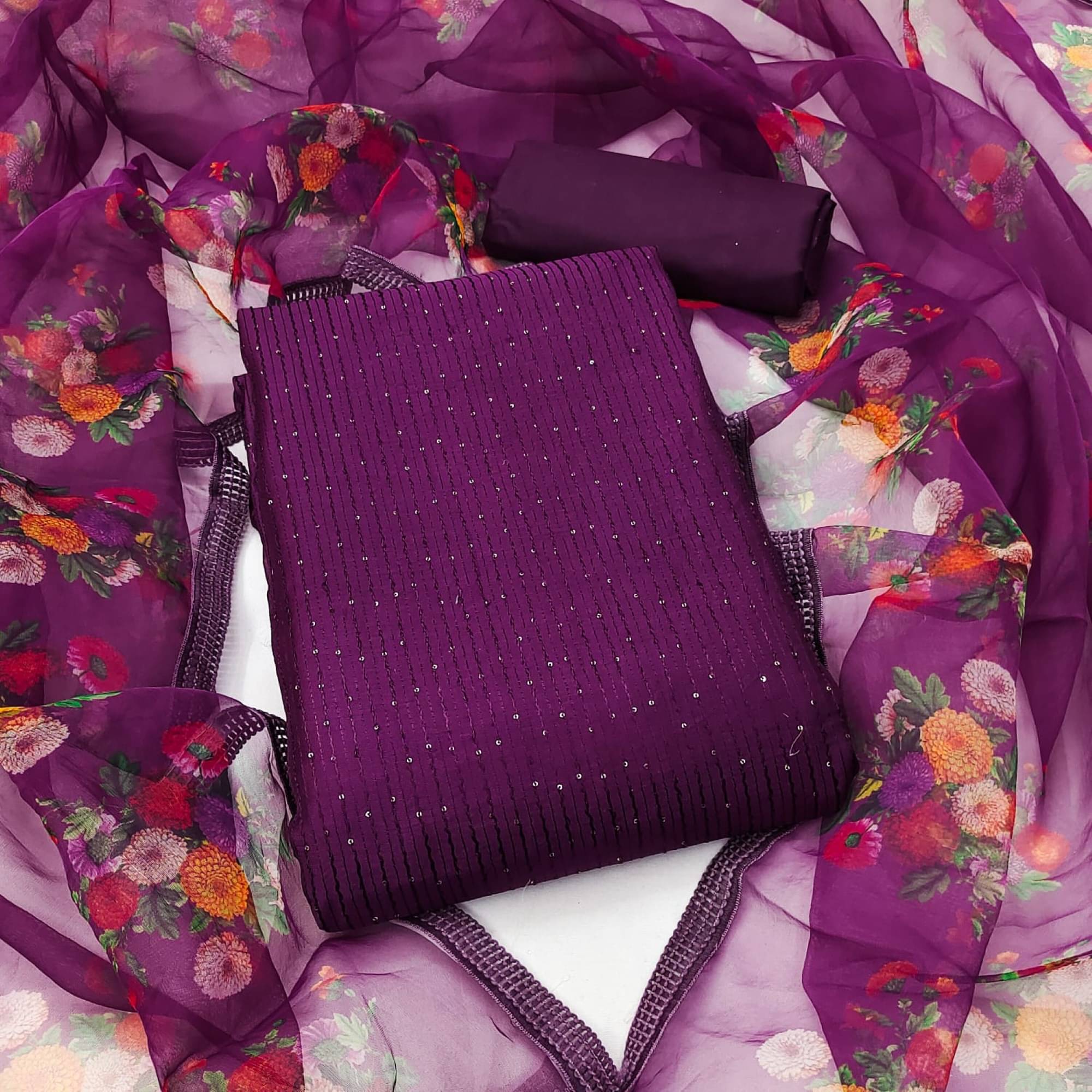     			Rangtulika Ethnics Unstitched Cotton Embroidered Dress Material - Purple ( Pack of 1 )