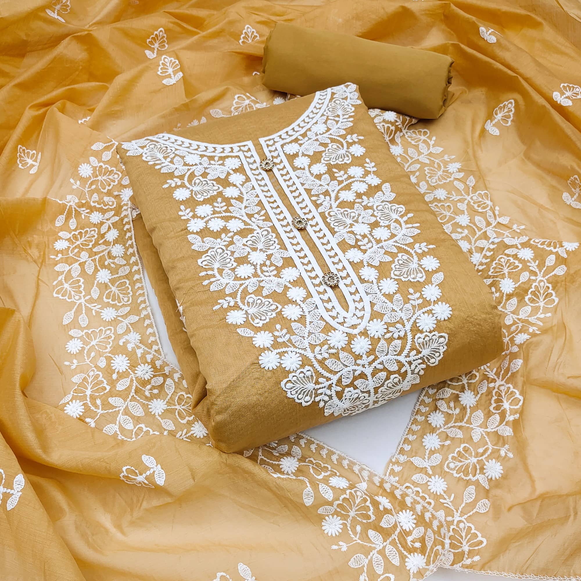 Rangtulika Ethnics Unstitched Cotton Embroidered Dress Material - Yellow ( Pack of 1 ) - Unstitched Fabrics | Buy online on ZillyBuy