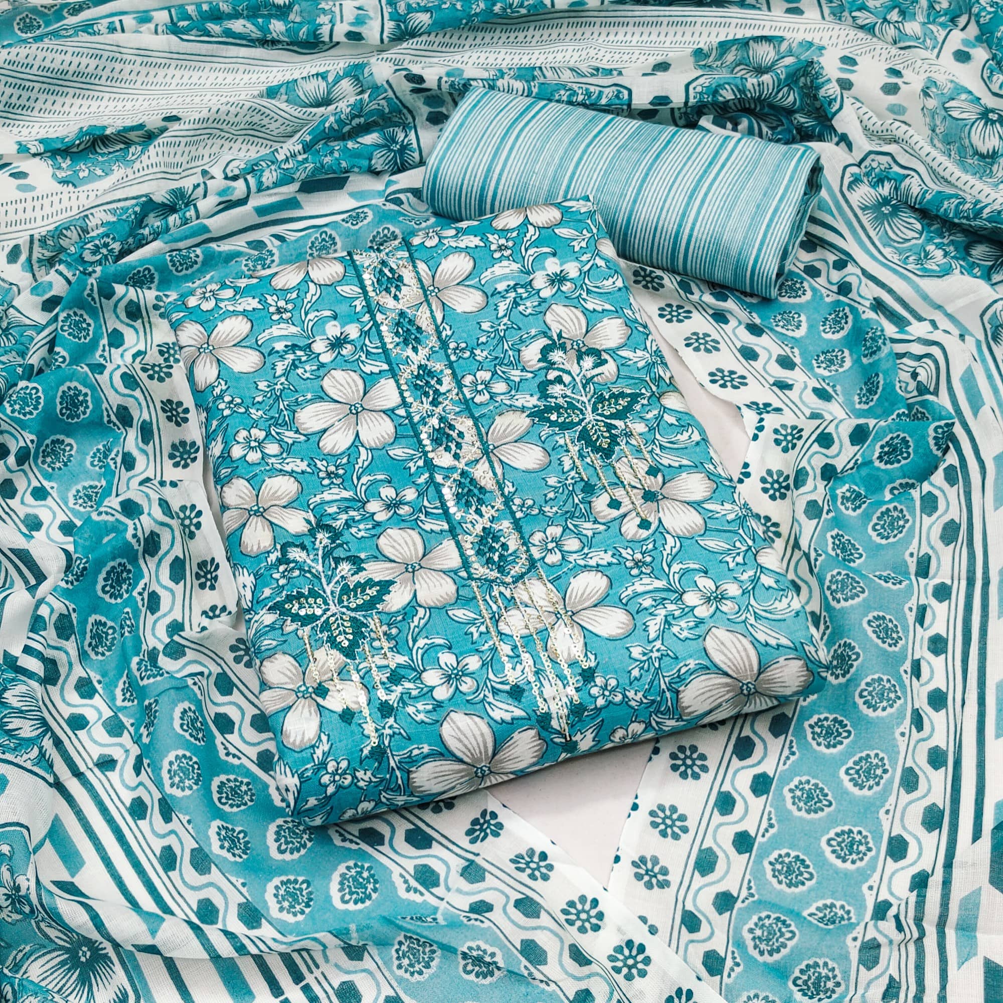 Rangtulika Ethnics Unstitched Cotton Embroidered Dress Material - Blue ( Pack of 1 ) - Unstitched Fabrics | Buy online on ZillyBuy
