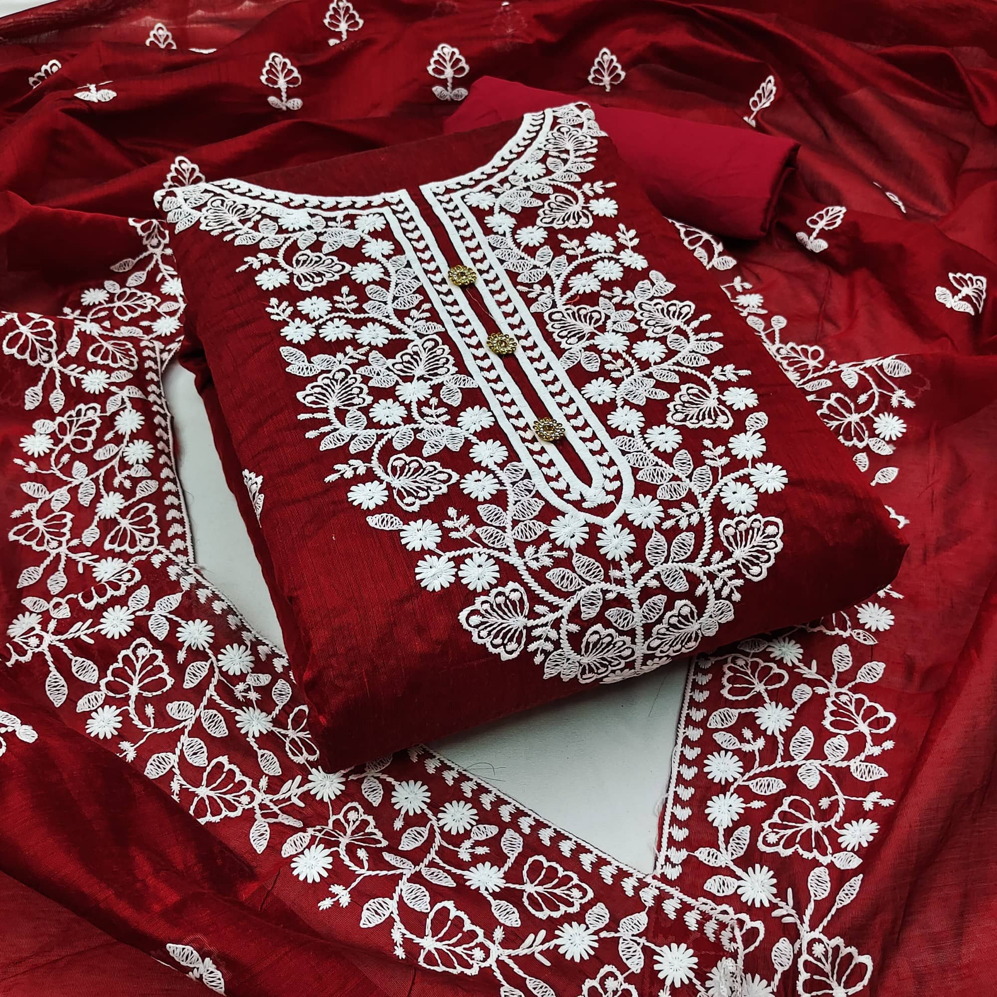 Rangtulika Ethnics Unstitched Cotton Embroidered Dress Material - Maroon ( Pack of 1 ) - Unstitched Fabrics | Buy online on ZillyBuy