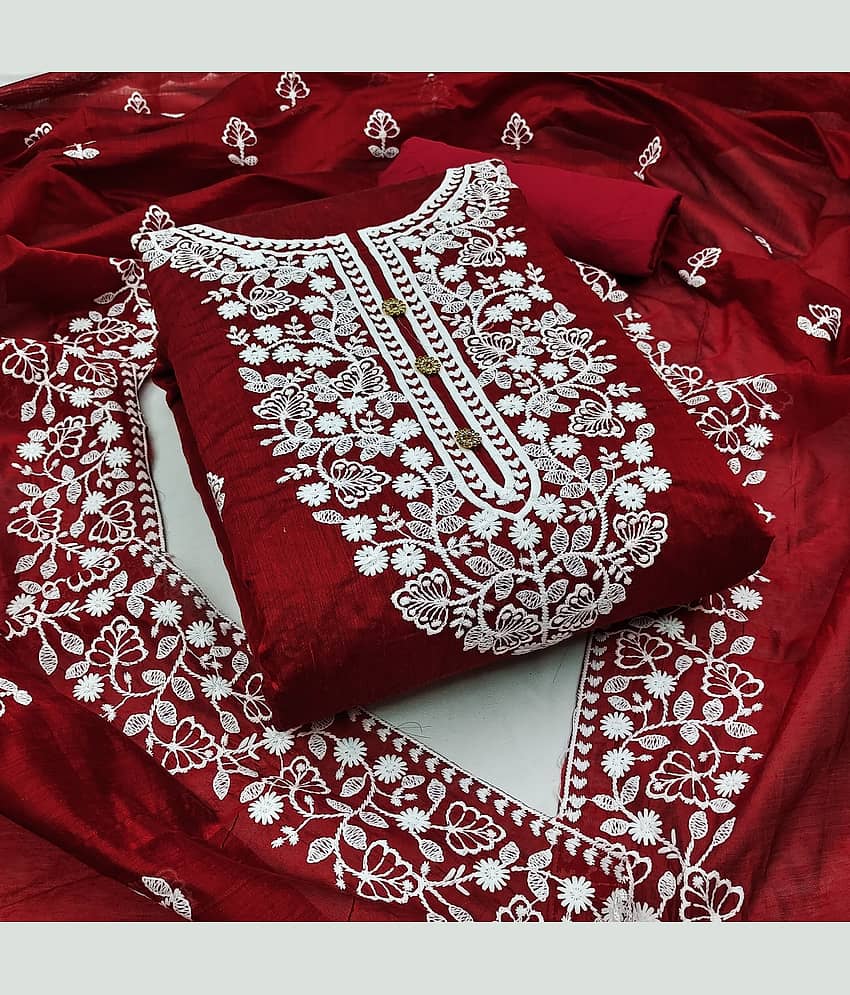 Rangtulika Ethnics Unstitched Cotton Embroidered Dress Material - Maroon ( Pack of 1 ) - Unstitched Fabrics | Buy online on ZillyBuy