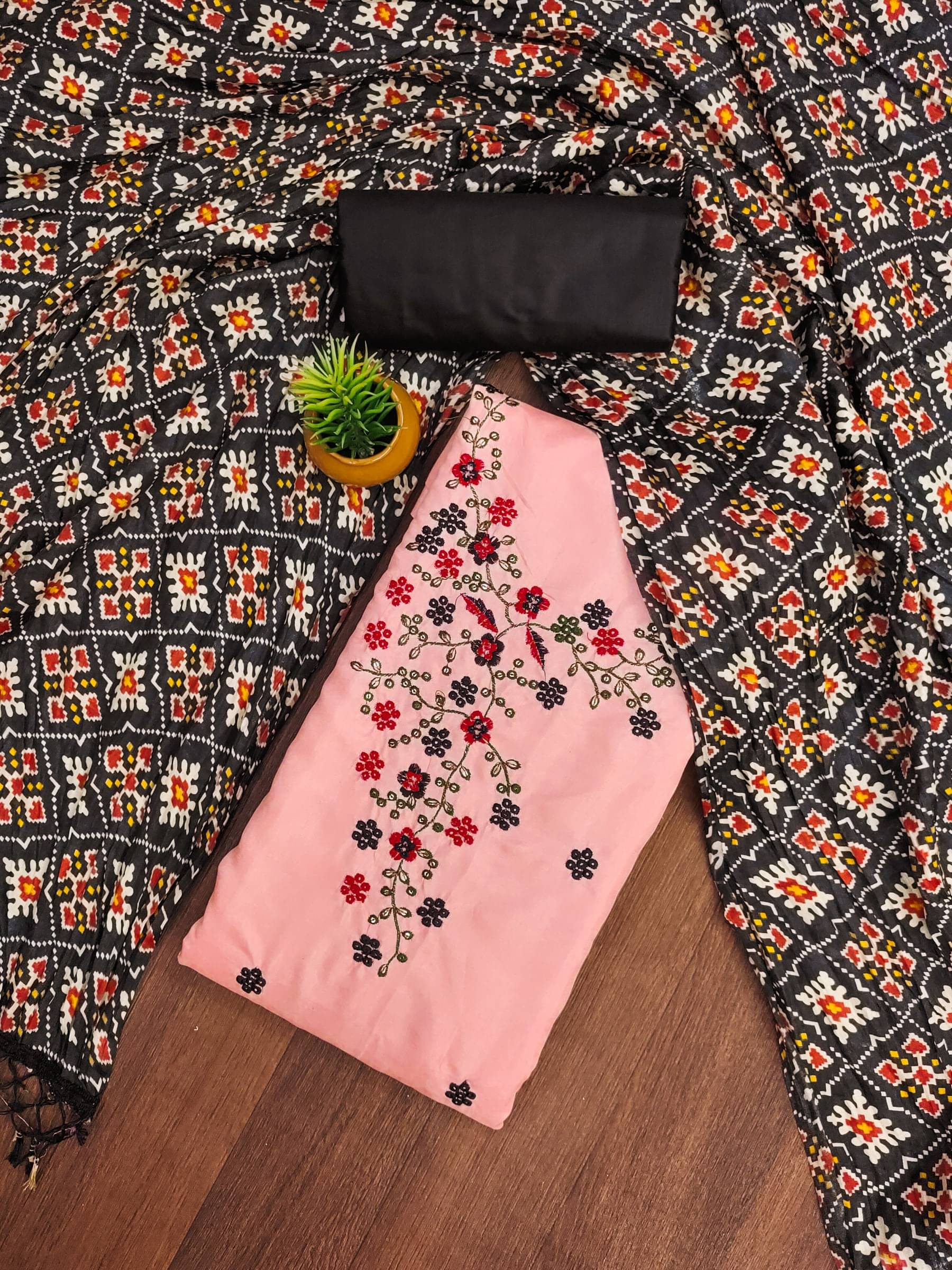     			Rangtulika Ethnics Unstitched Cotton Embroidered Dress Material - Peach ( Pack of 1 )