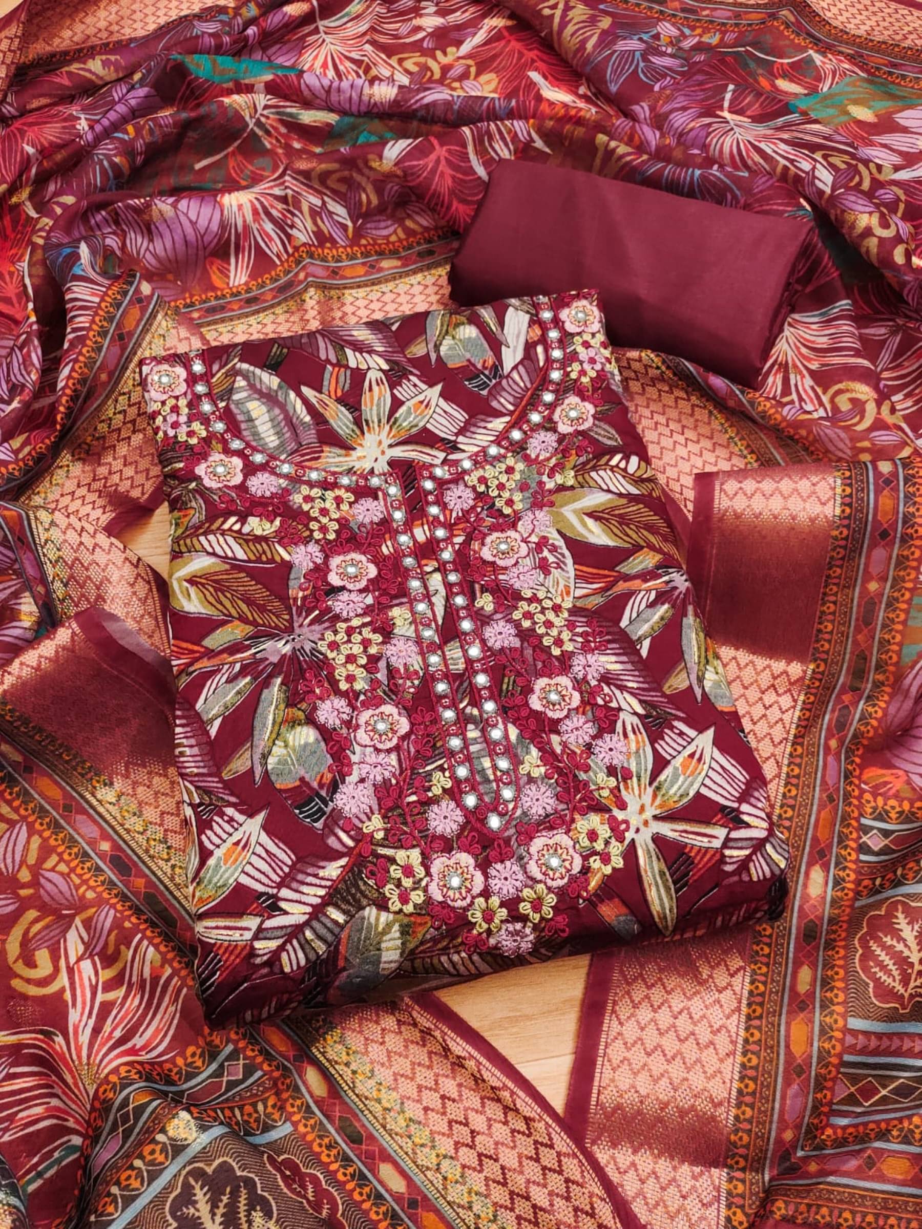 Rangtulika Ethnics Unstitched Cotton Embroidered Dress Material - Red ( Pack of 1 ) Rangtulika Ethnics Unstitched Cotton Embroidered Dress Material - Red ( Pack of 1 )
