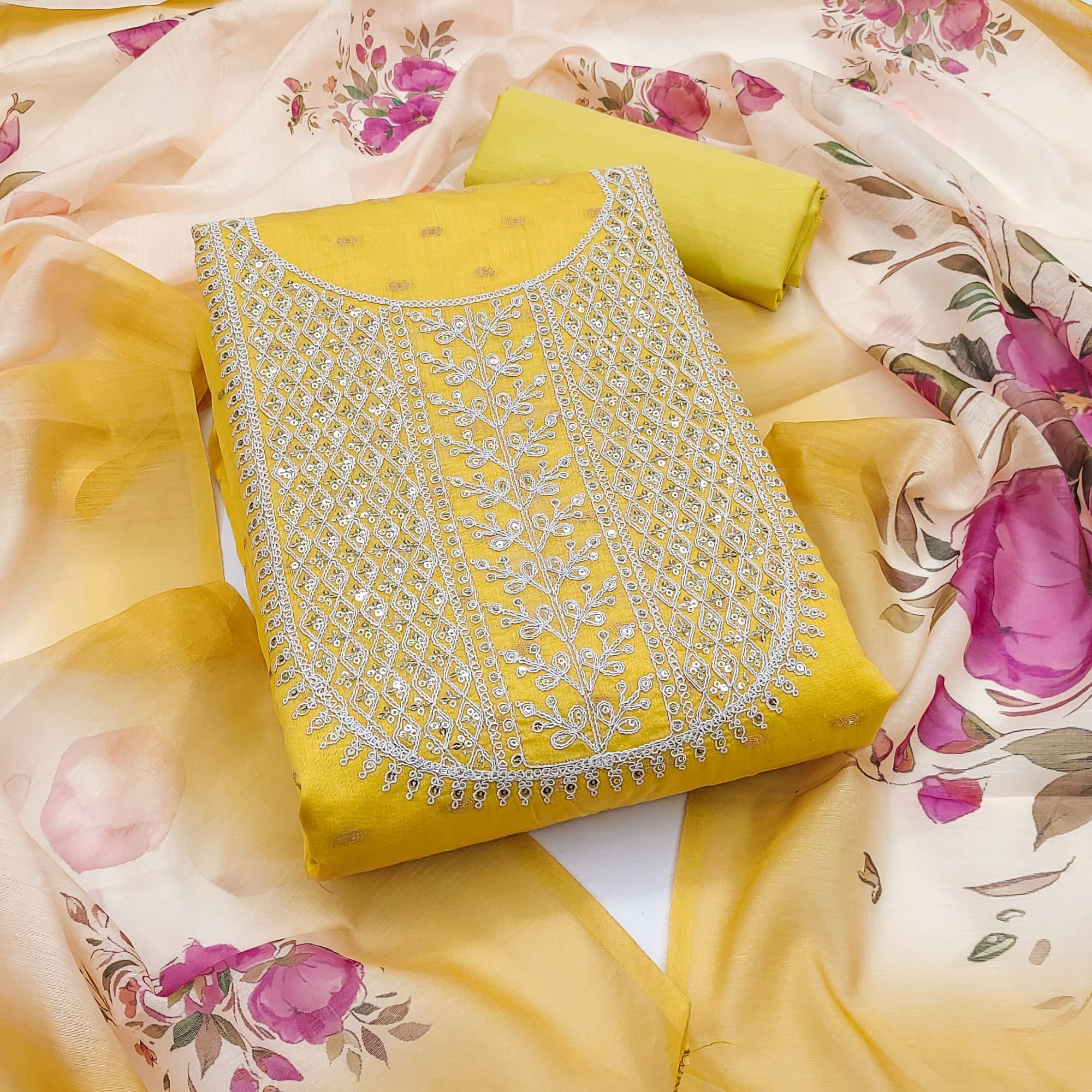 Rangtulika Ethnics Unstitched Cotton Embroidered Dress Material - Yellow ( Pack of 1 ) - Unstitched Fabrics | Buy online on ZillyBuy