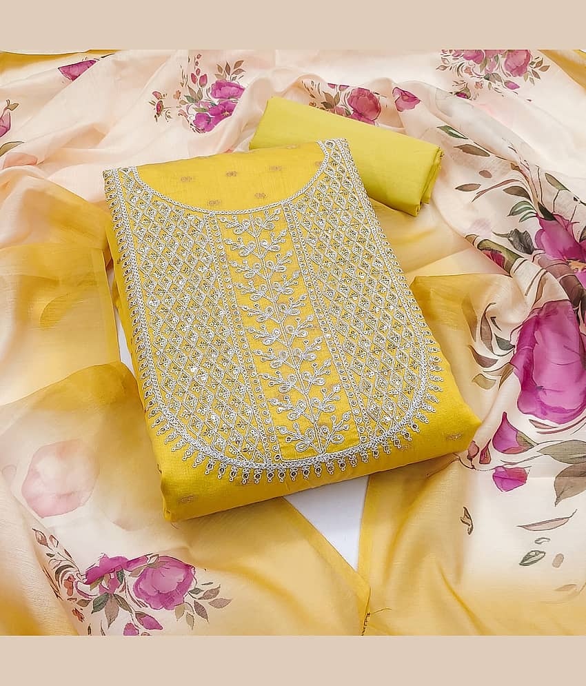Rangtulika Ethnics Unstitched Cotton Embroidered Dress Material - Yellow ( Pack of 1 ) - Unstitched Fabrics | Buy online on ZillyBuy