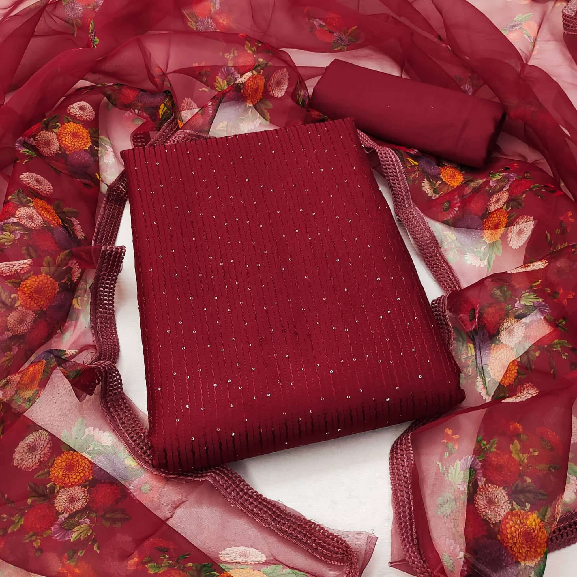 Rangtulika Ethnics Unstitched Cotton Embroidered Dress Material - Maroon ( Pack of 1 ) - Unstitched Fabrics | Buy online on ZillyBuy