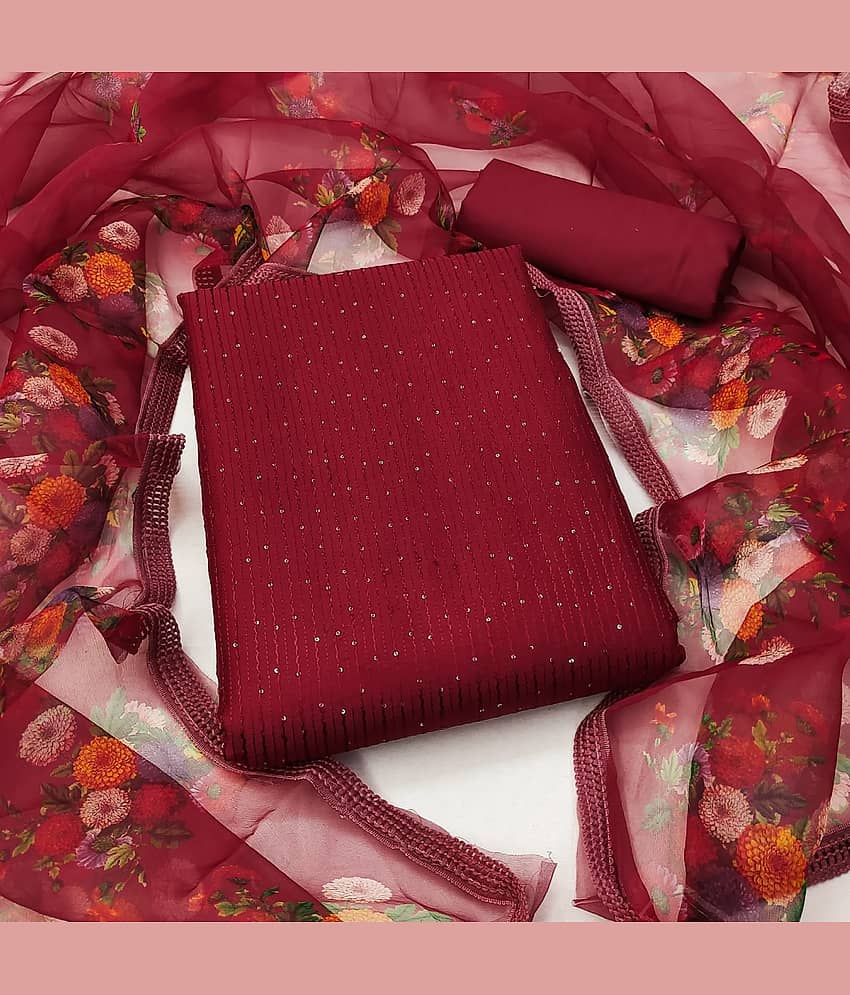 Rangtulika Ethnics Unstitched Cotton Embroidered Dress Material - Maroon ( Pack of 1 ) - Unstitched Fabrics | Buy online on ZillyBuy