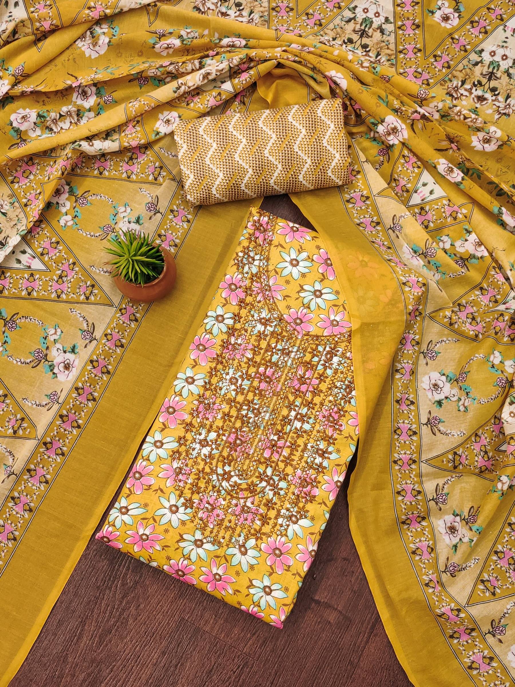     			Rangtulika Ethnics Unstitched Cotton Printed Dress Material - Yellow ( Pack of 1 )