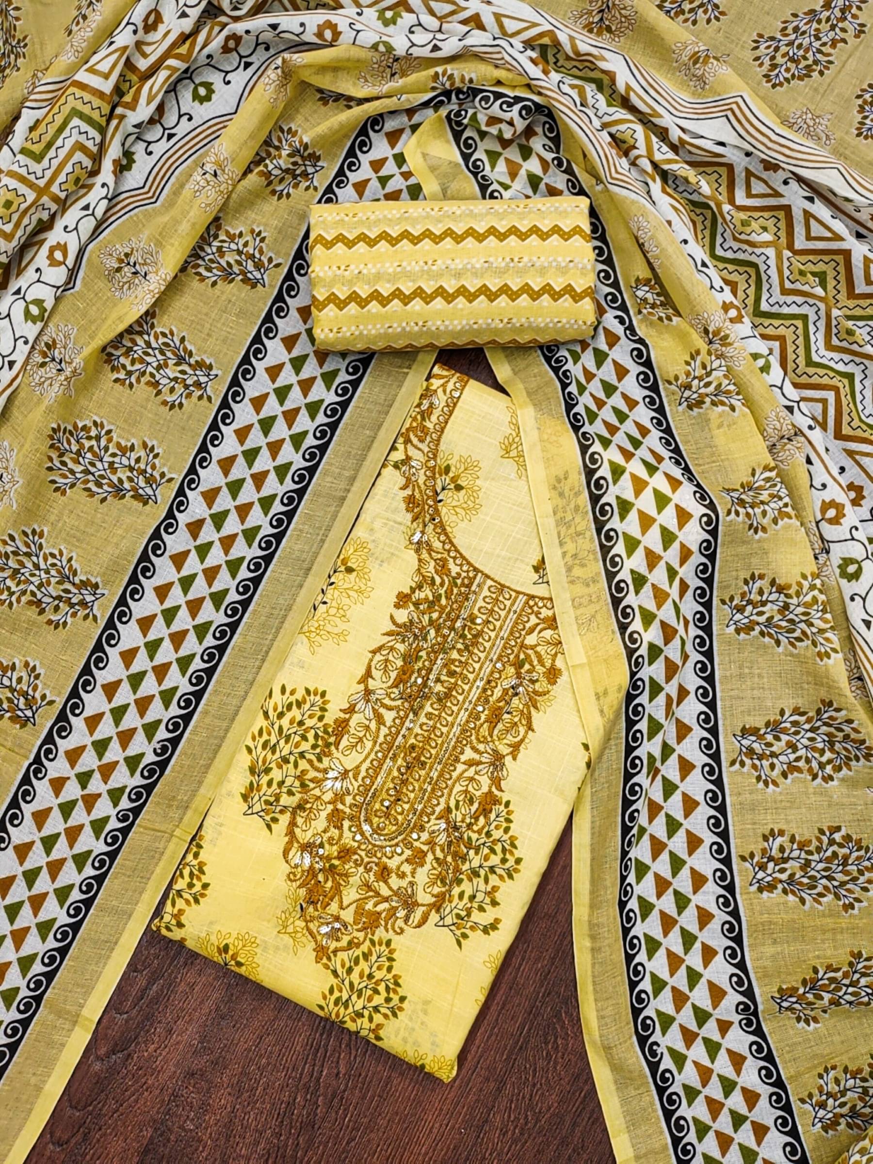     			Rangtulika Ethnics Unstitched Cotton Printed Dress Material - Yellow ( Pack of 1 )