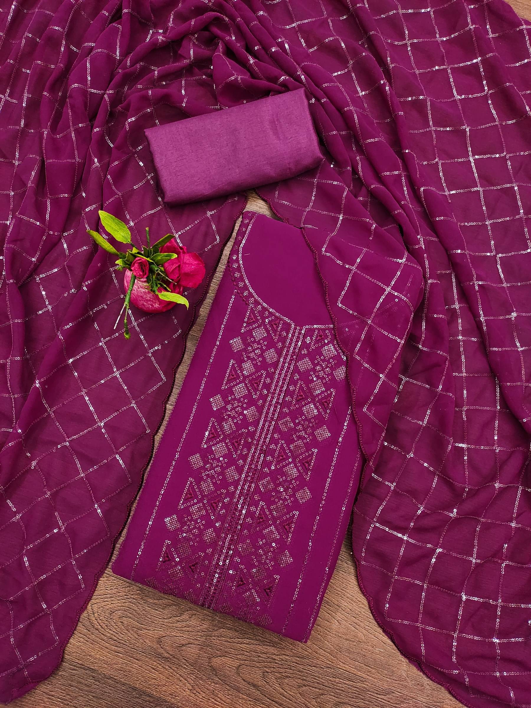     			Rangtulika Ethnics Unstitched Georgette Applique Dress Material - Purple ( Pack of 1 )