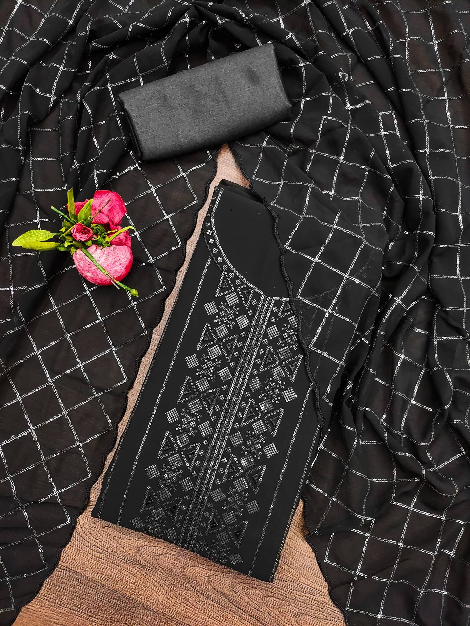     			Rangtulika Ethnics Unstitched Georgette Applique Dress Material - Black ( Pack of 1 )