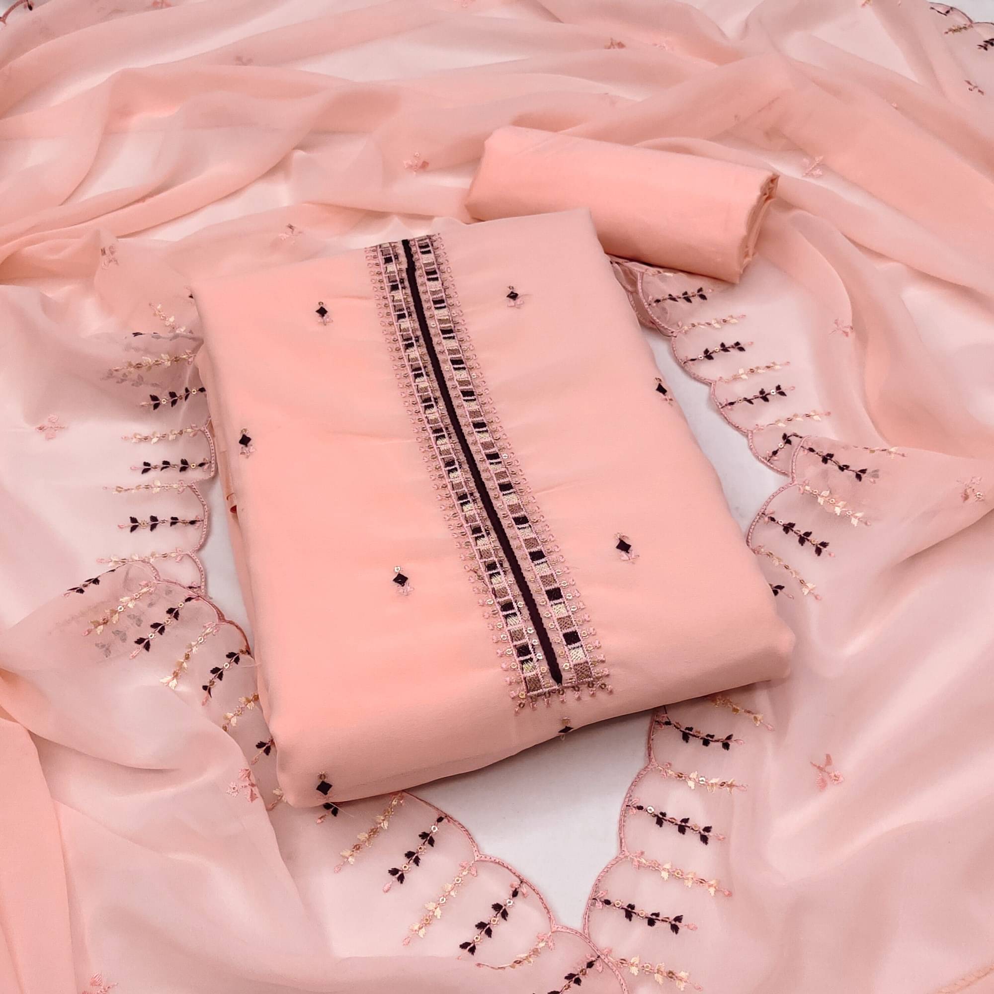     			Rangtulika Ethnics Unstitched Georgette Applique Dress Material - Peach ( Pack of 1 )