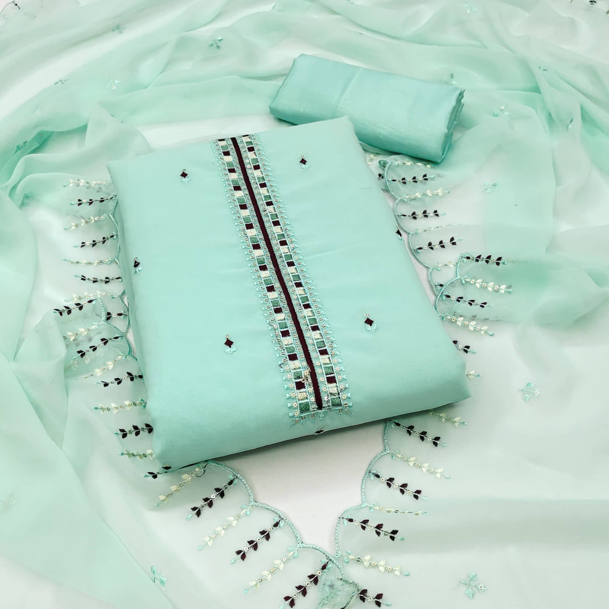 Rangtulika Ethnics Unstitched Georgette Applique Dress Material - Teal ( Pack of 1 ) - Unstitched Fabrics | Buy online on ZillyBuy