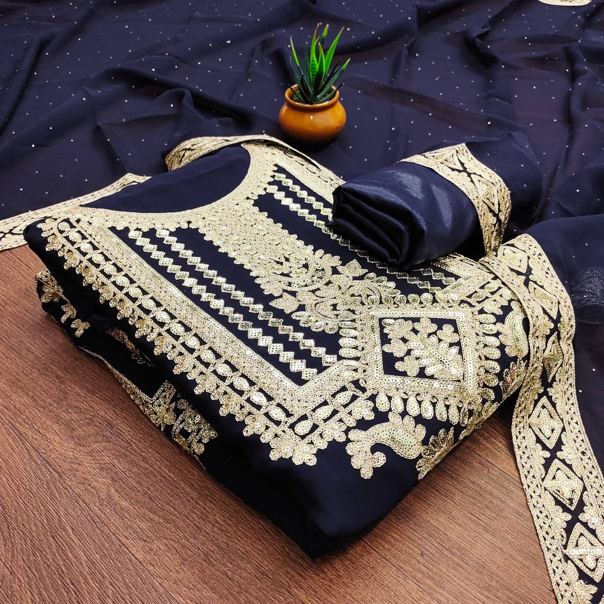 Rangtulika Ethnics Unstitched Georgette Embroidered Dress Material - Navy Blue ( Pack of 1 ) Rangtulika Ethnics Unstitched Georgette Embroidered Dress Material - Navy Blue ( Pack of 1 )