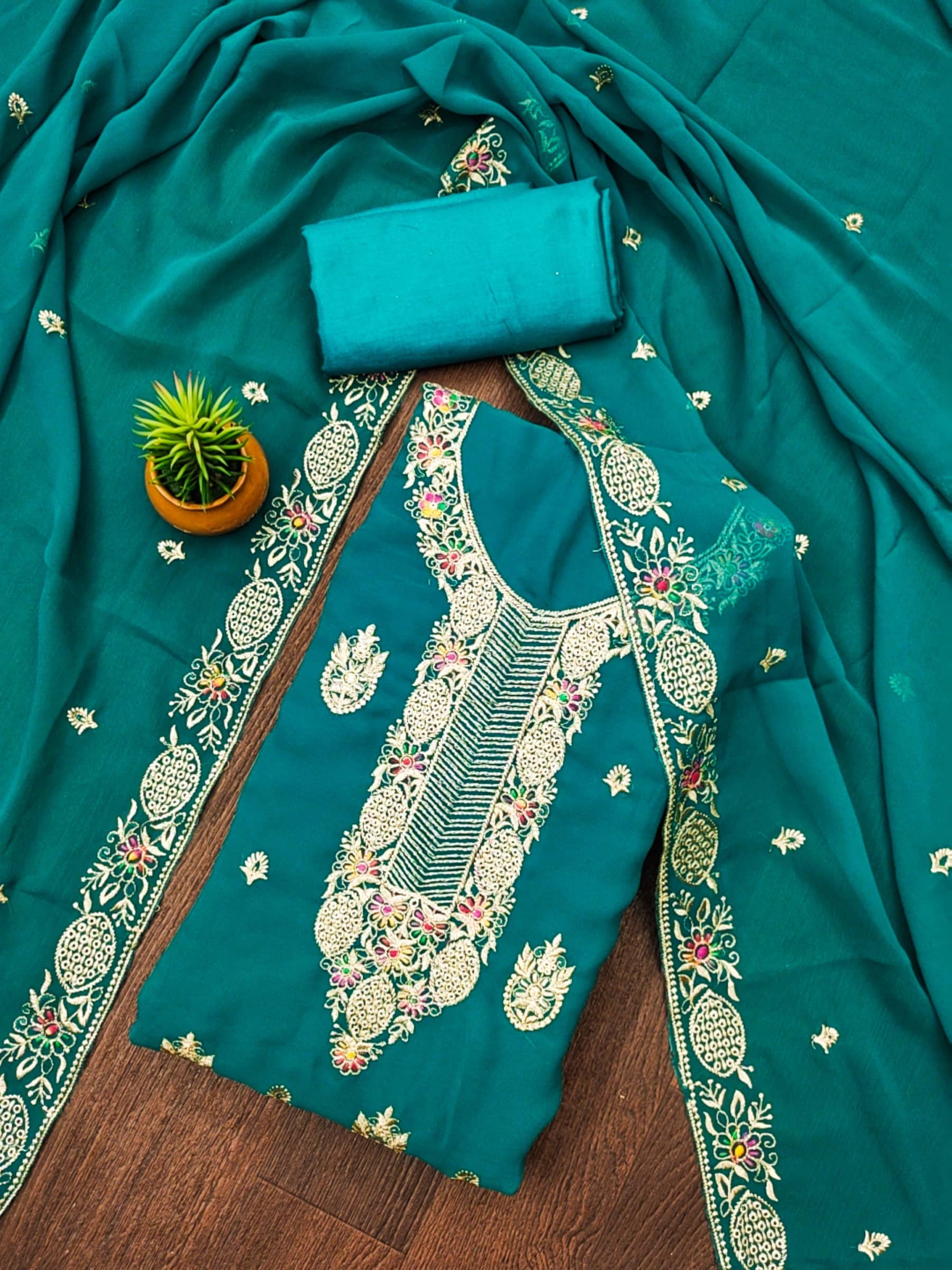 Rangtulika Ethnics Unstitched Georgette Embroidered Dress Material - Blue ( Pack of 1 ) - Unstitched Fabrics | Buy online on ZillyBuy