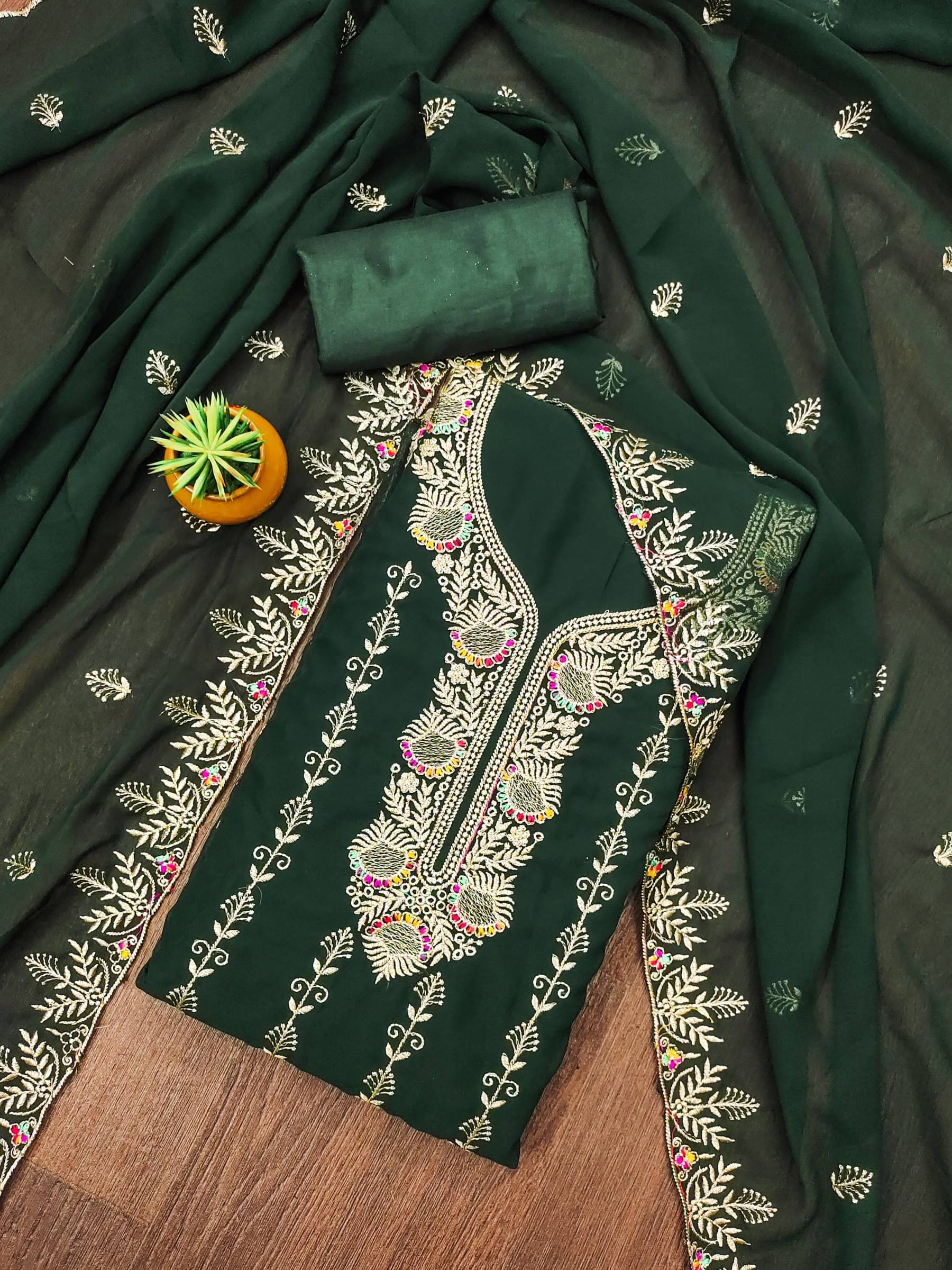     			Rangtulika Ethnics Unstitched Georgette Embroidered Dress Material - Green ( Pack of 1 )