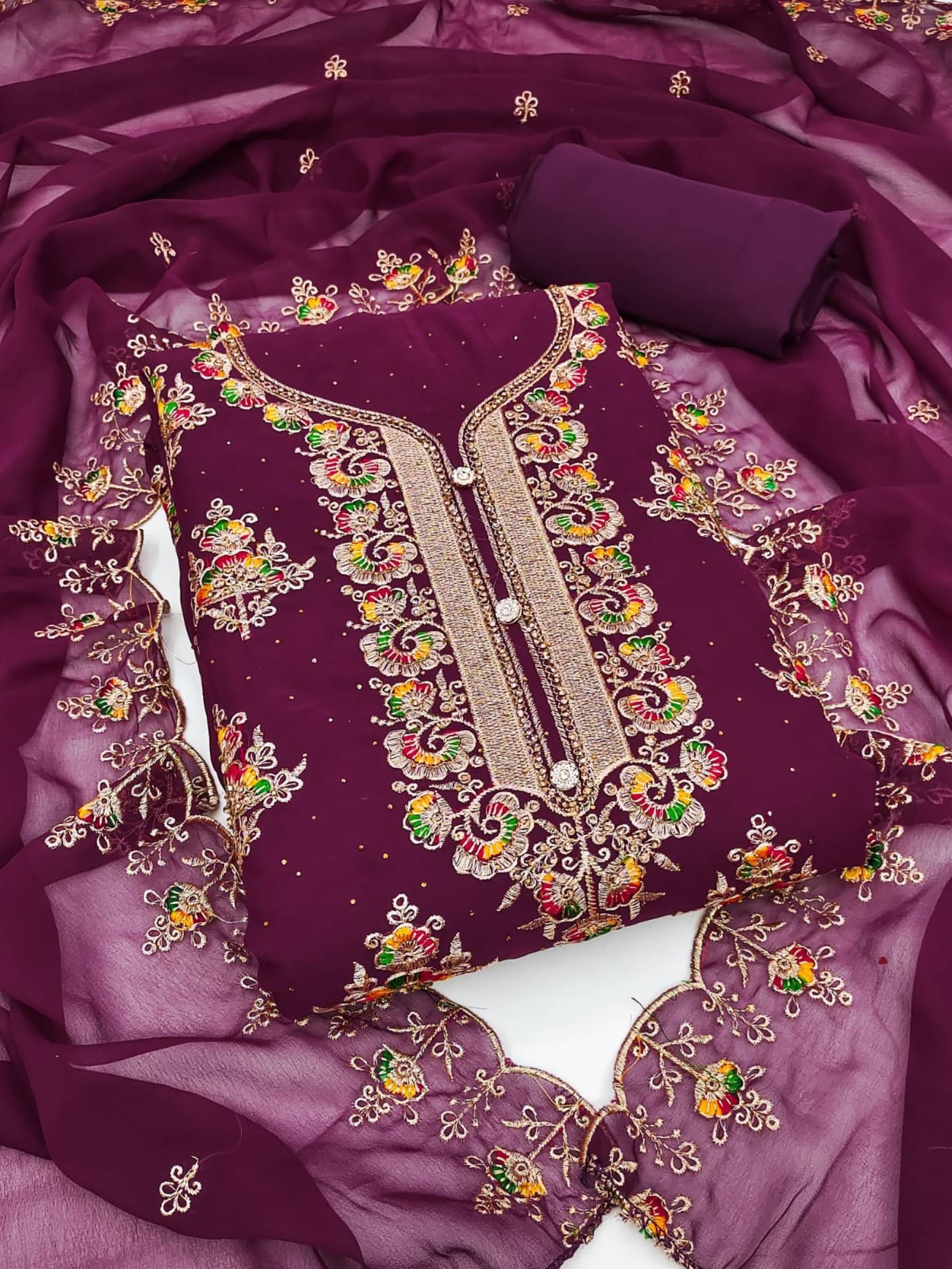     			Rangtulika Ethnics Unstitched Georgette Embroidered Dress Material - Purple ( Pack of 1 )
