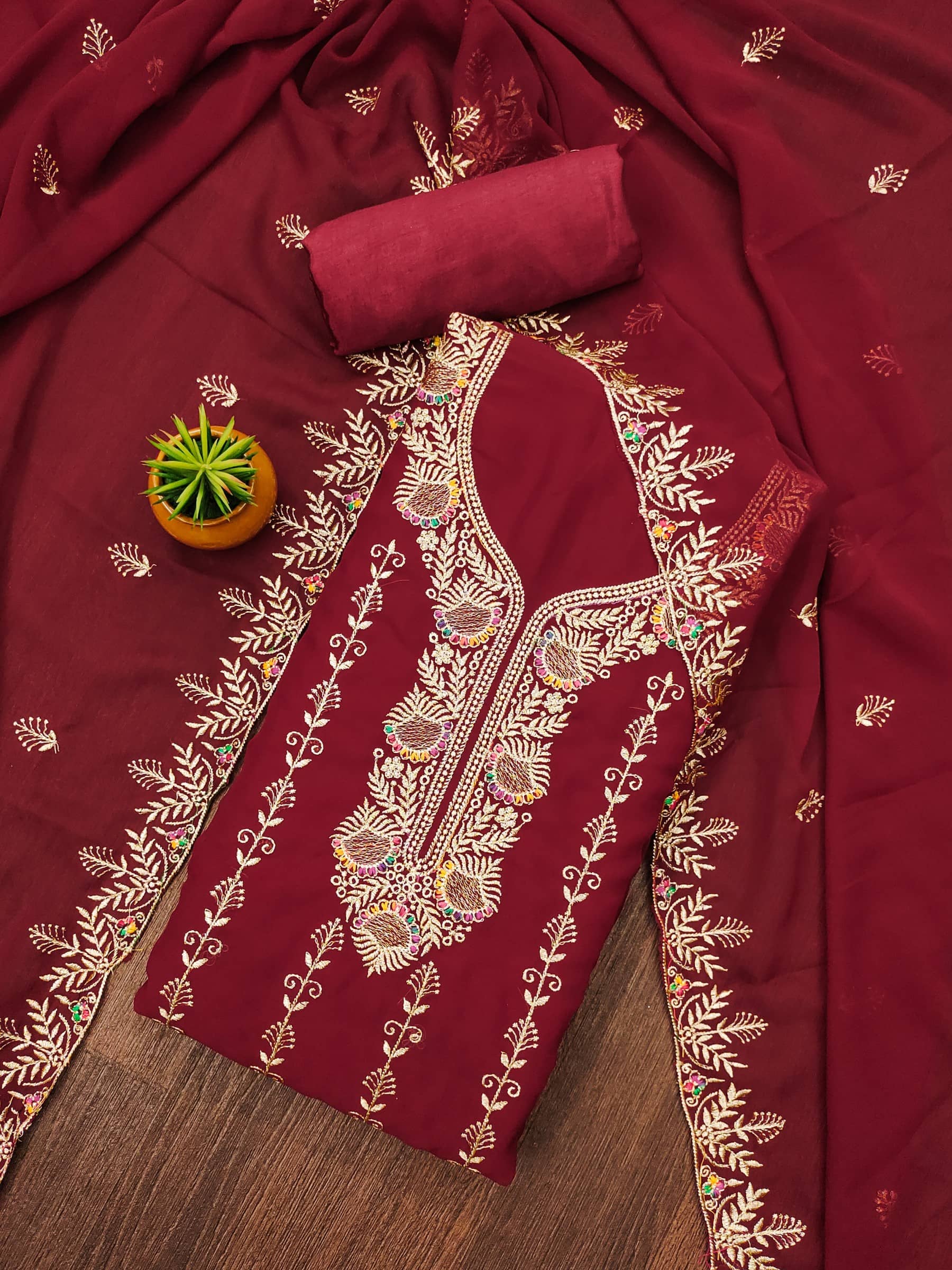 Rangtulika Ethnics Unstitched Georgette Embroidered Dress Material - Red ( Pack of 1 ) - Unstitched Fabrics | Buy online on ZillyBuy