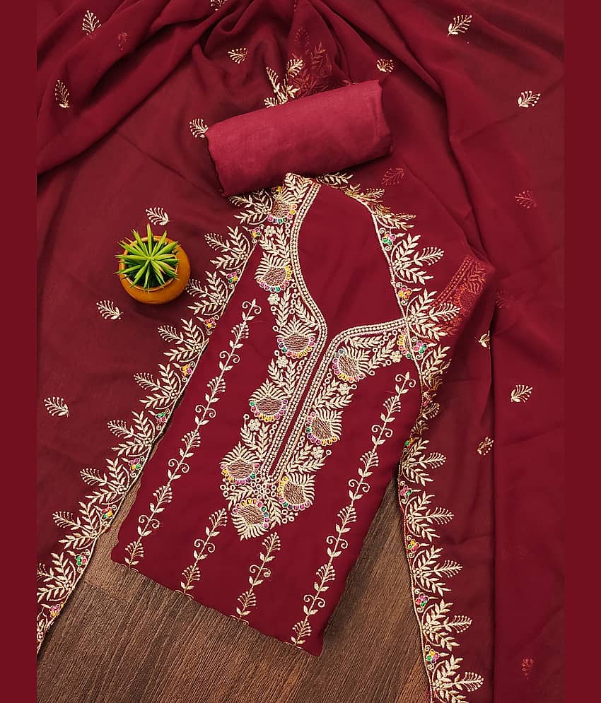 Rangtulika Ethnics Unstitched Georgette Embroidered Dress Material - Red ( Pack of 1 ) - Unstitched Fabrics | Buy online on ZillyBuy