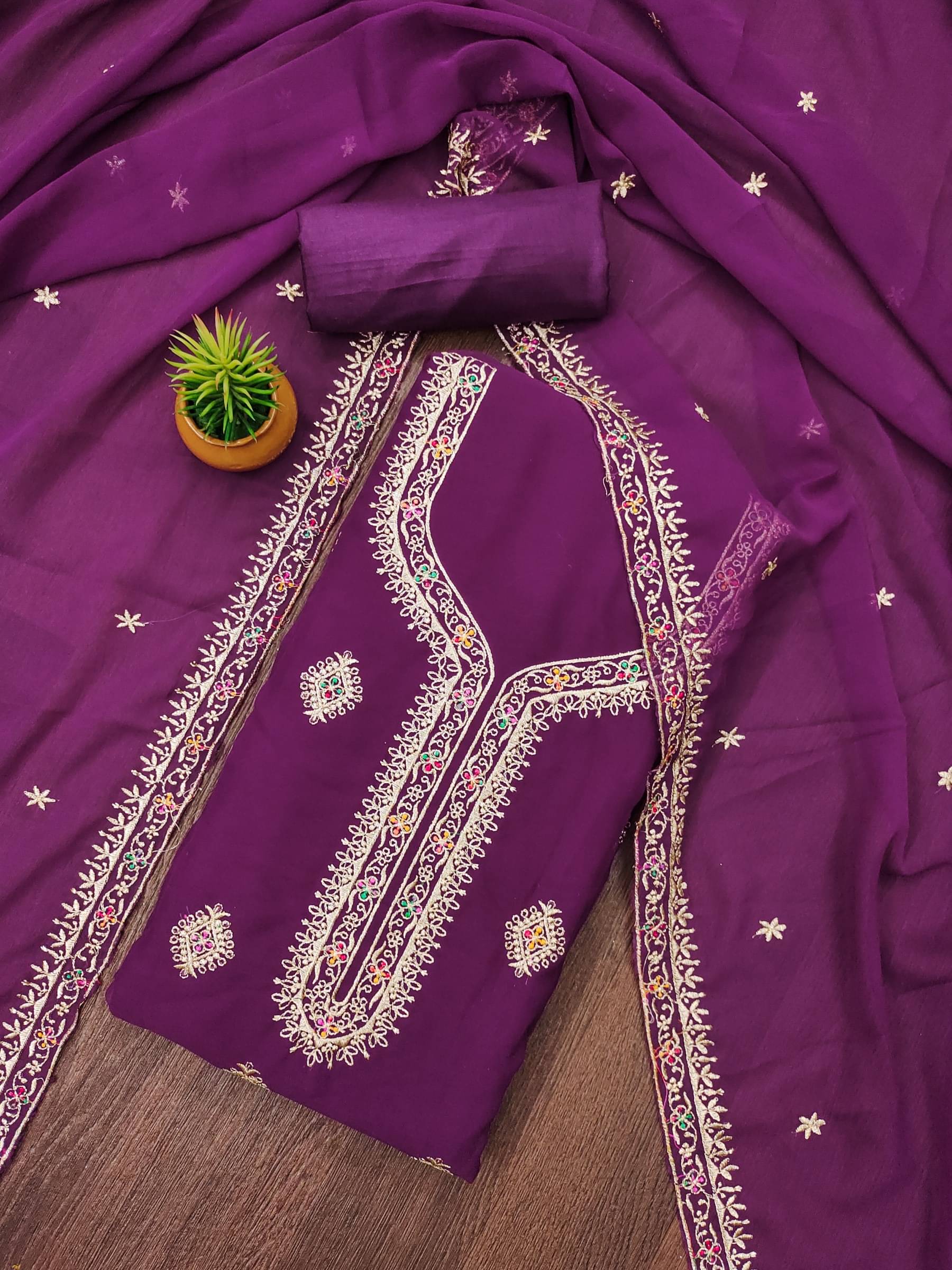 Rangtulika Ethnics Unstitched Georgette Embroidered Dress Material - Purple ( Pack of 1 ) Rangtulika Ethnics Unstitched Georgette Embroidered Dress Material - Purple ( Pack of 1 )