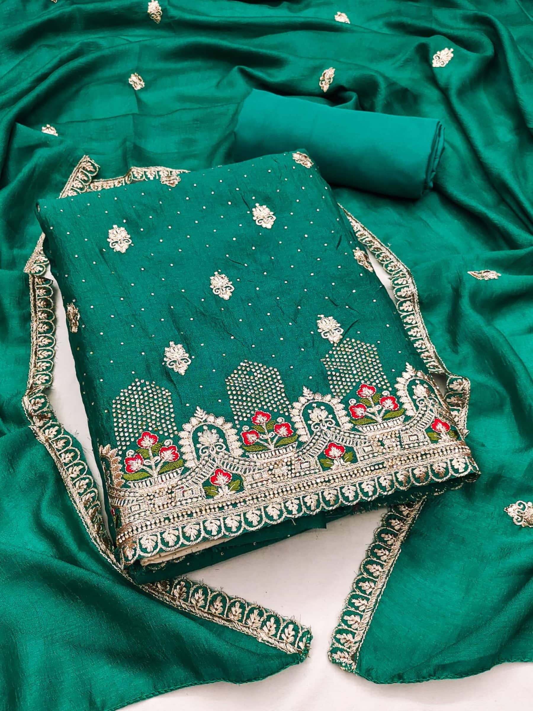 Rangtulika Ethnics Unstitched Georgette Embroidered Dress Material - Teal ( Pack of 1 ) - Unstitched Fabrics | Buy online on ZillyBuy