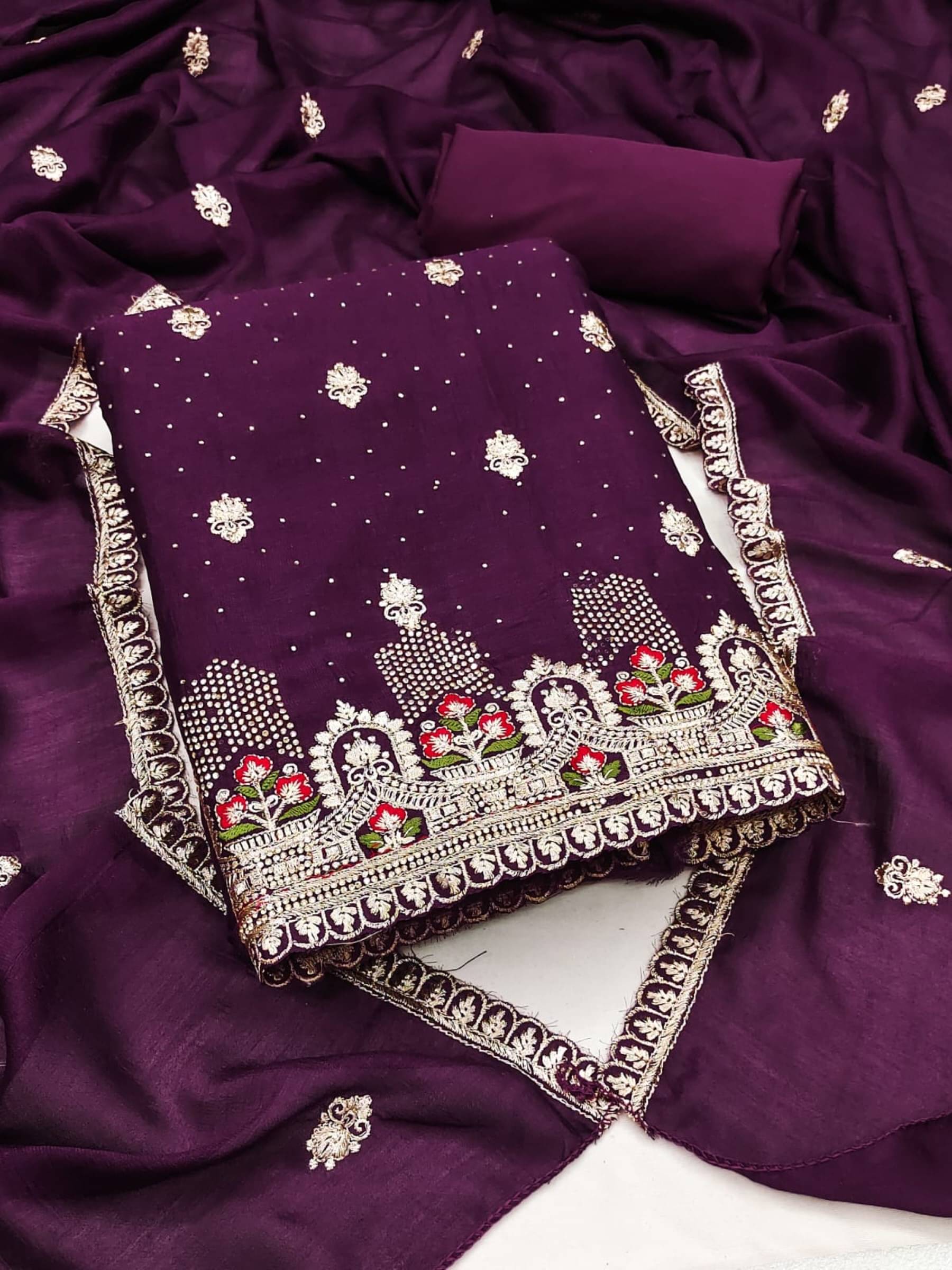 Rangtulika Ethnics Unstitched Georgette Embroidered Dress Material - Purple ( Pack of 1 ) Rangtulika Ethnics Unstitched Georgette Embroidered Dress Material - Purple ( Pack of 1 )