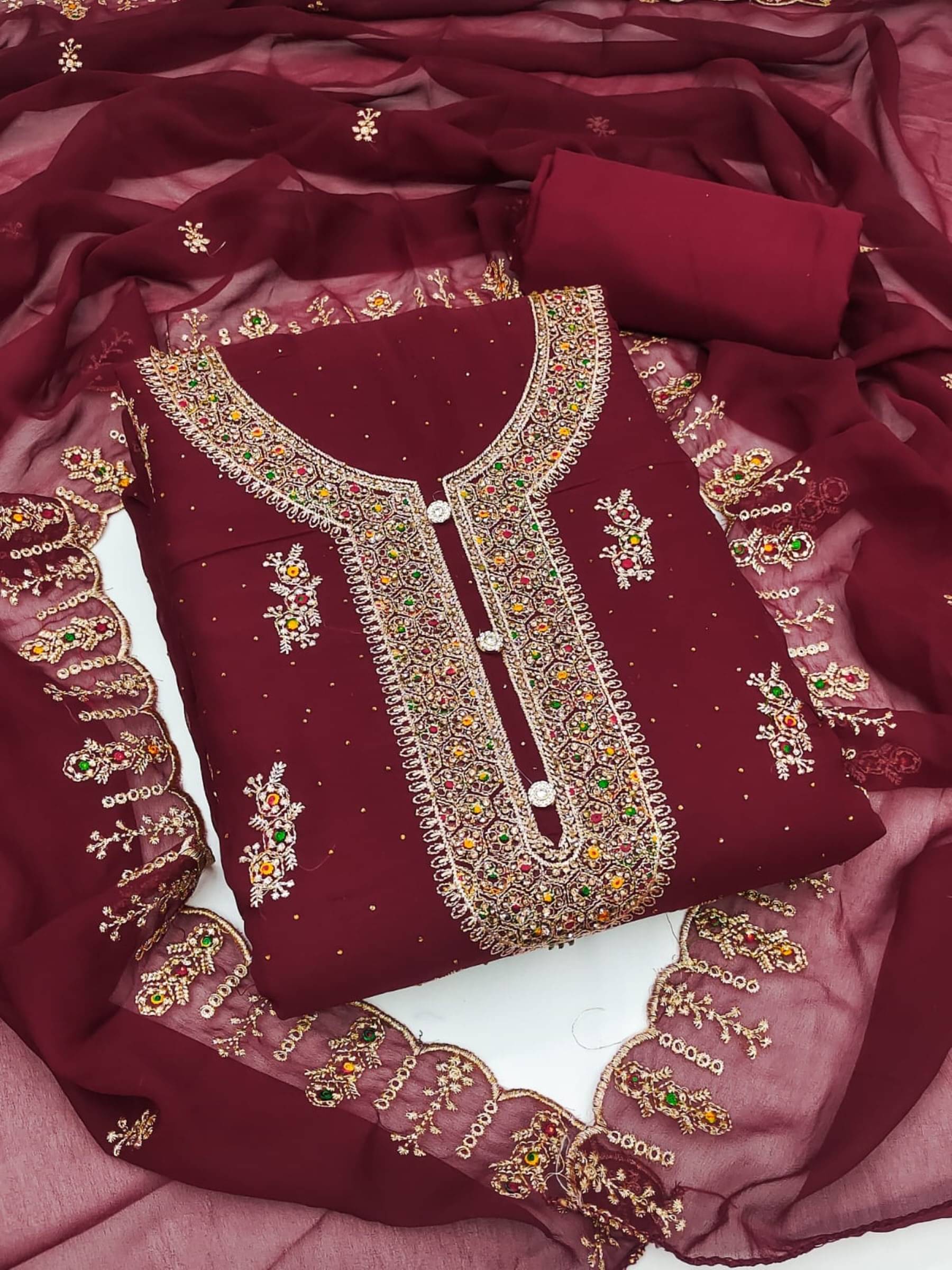     			Rangtulika Ethnics Unstitched Georgette Embroidered Dress Material - Maroon ( Pack of 1 )